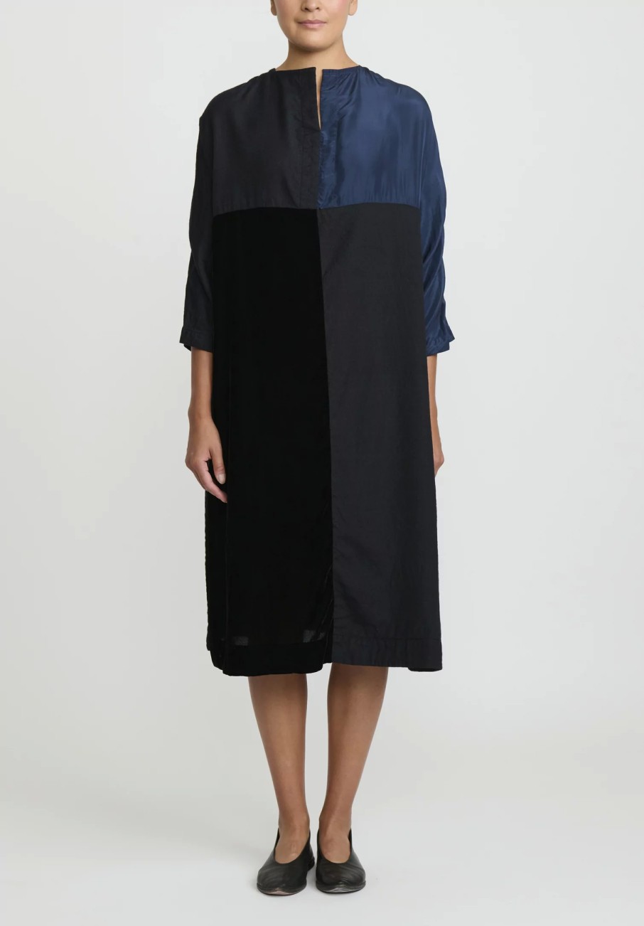 AODress Dresses | Habutai Silk And Velvet Patchwork Dress In Navy Blue & Black