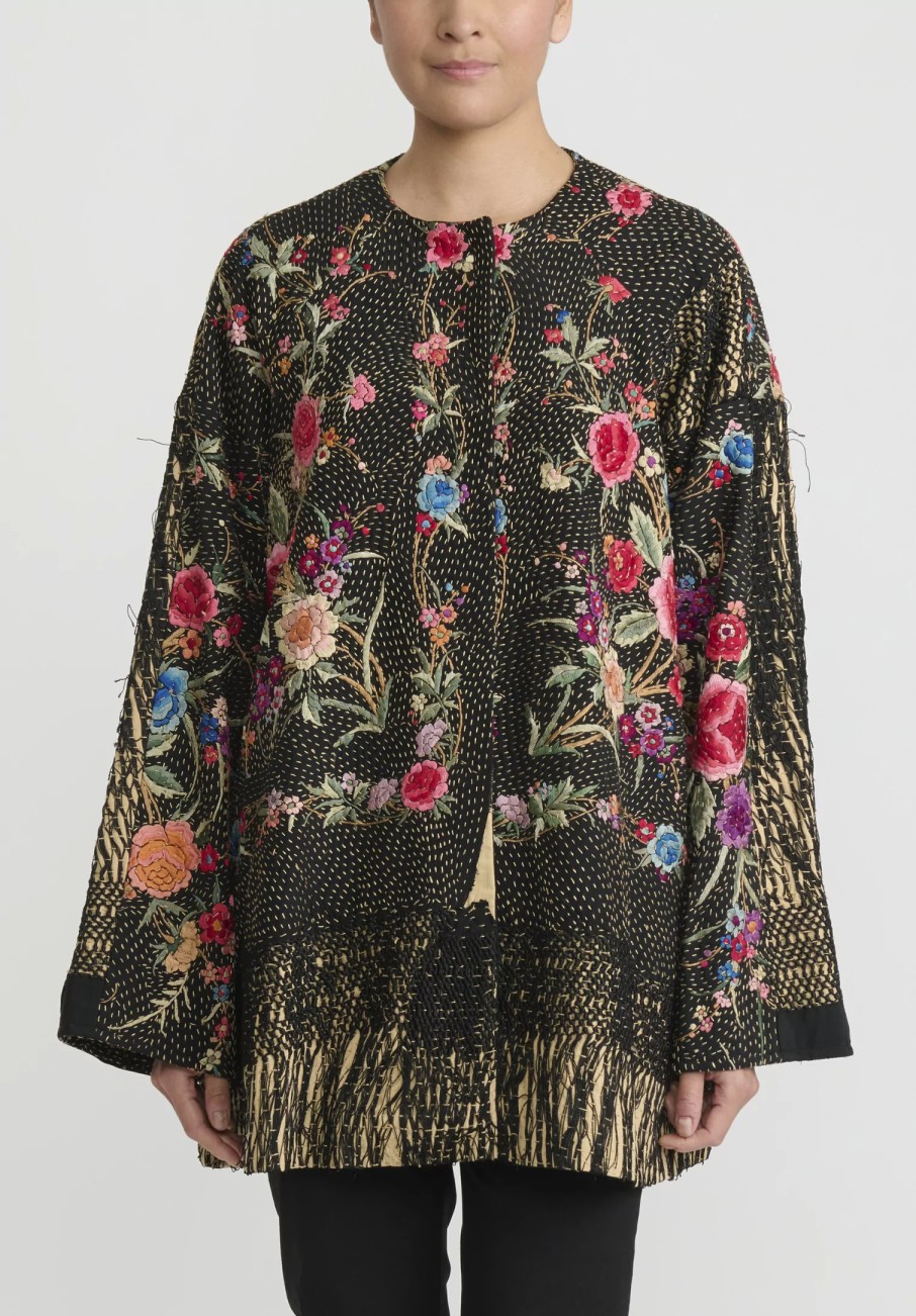 By Walid One Of A Kind | Antique Silk Piano Shawl Jackie Jacket In Black And Pink Rose