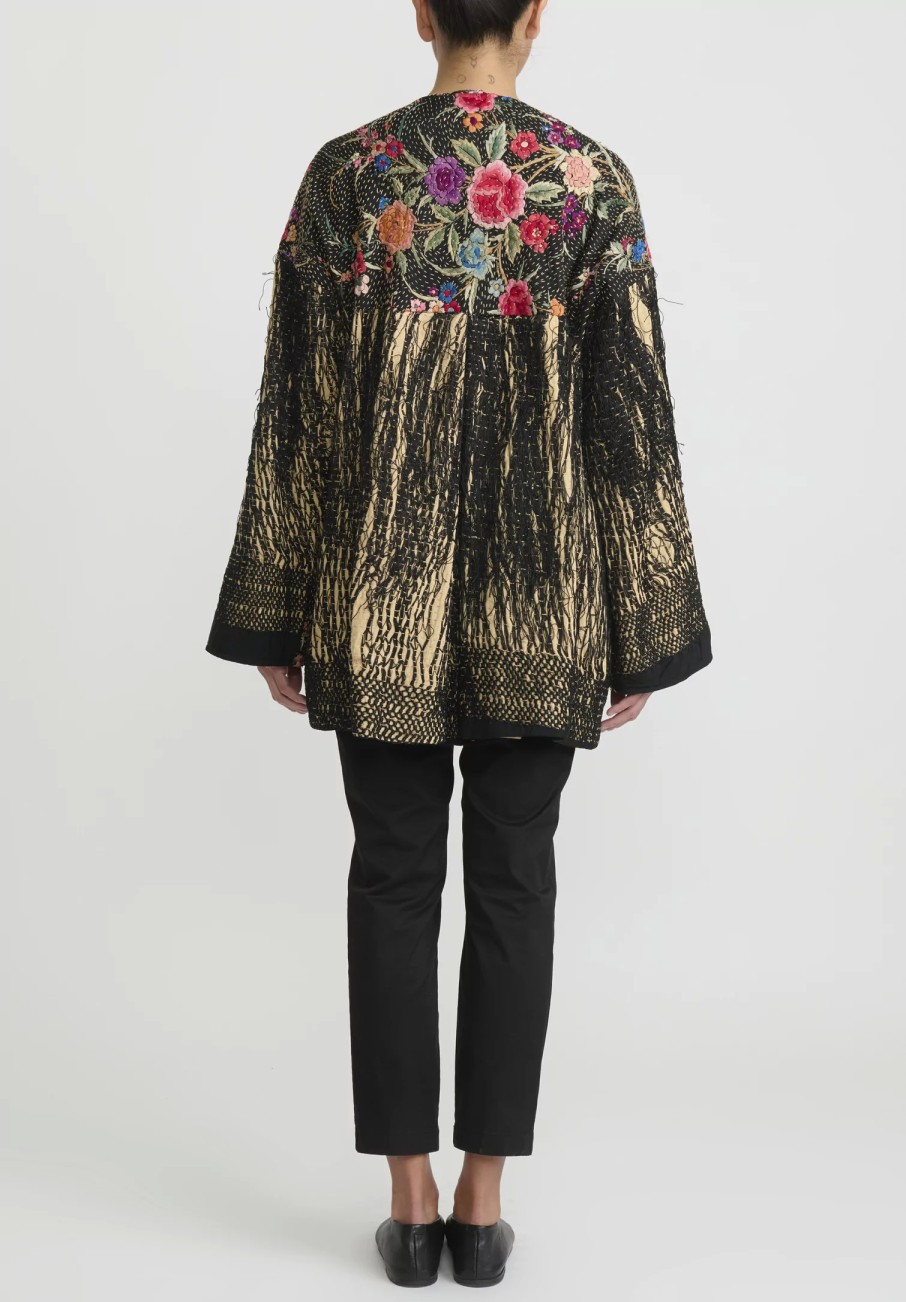 By Walid One Of A Kind | Antique Silk Piano Shawl Jackie Jacket In Black And Pink Rose