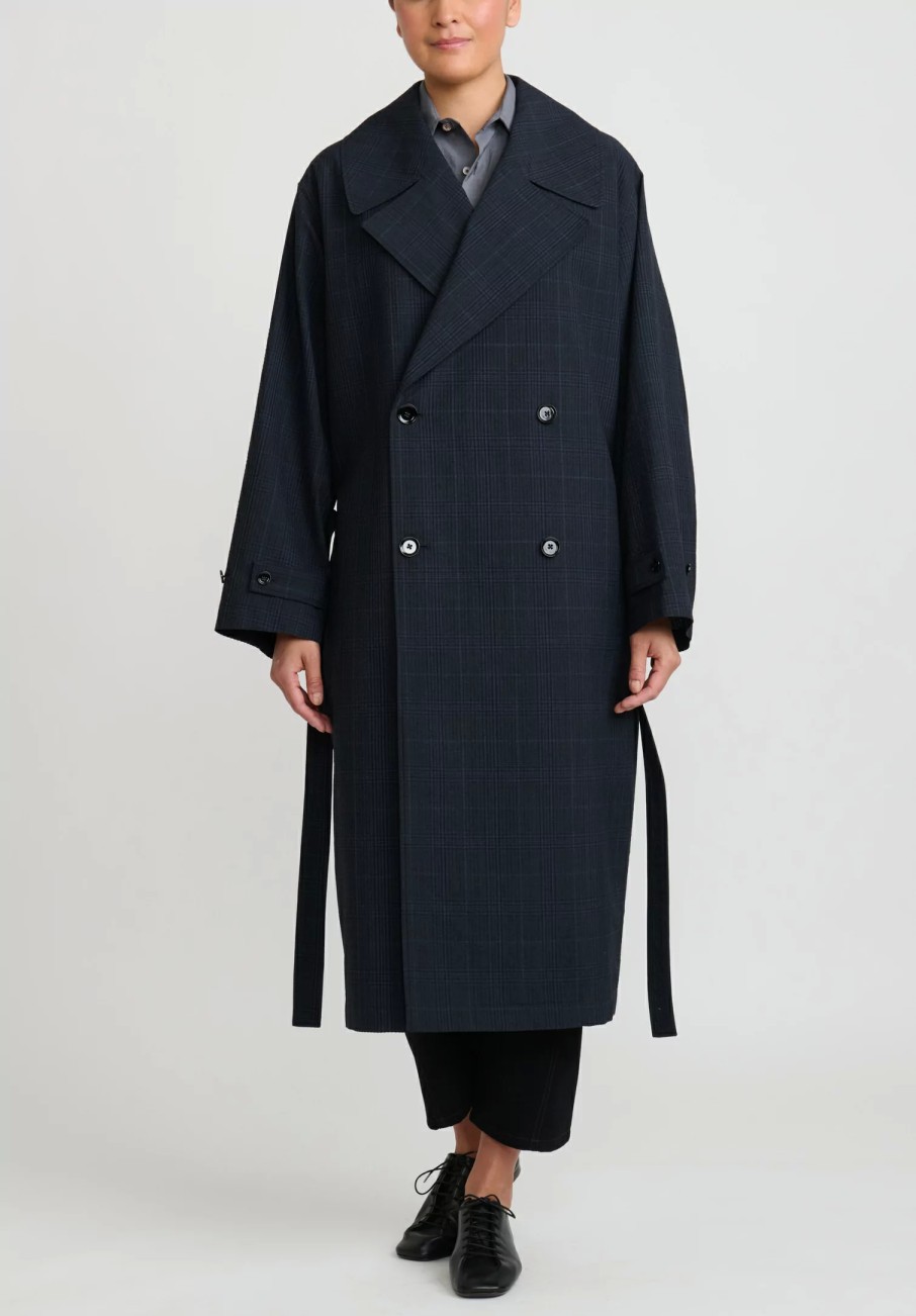 Lemaire Coats & Dusters | Wool Double Breasted Overcoat In Black & Grey Plaid