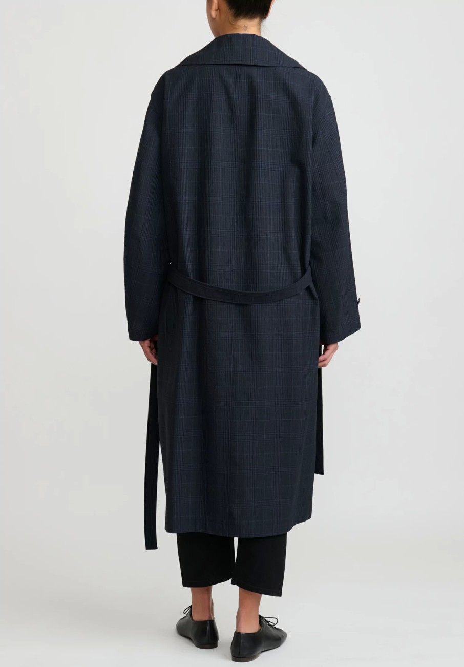 Lemaire Coats & Dusters | Wool Double Breasted Overcoat In Black & Grey Plaid