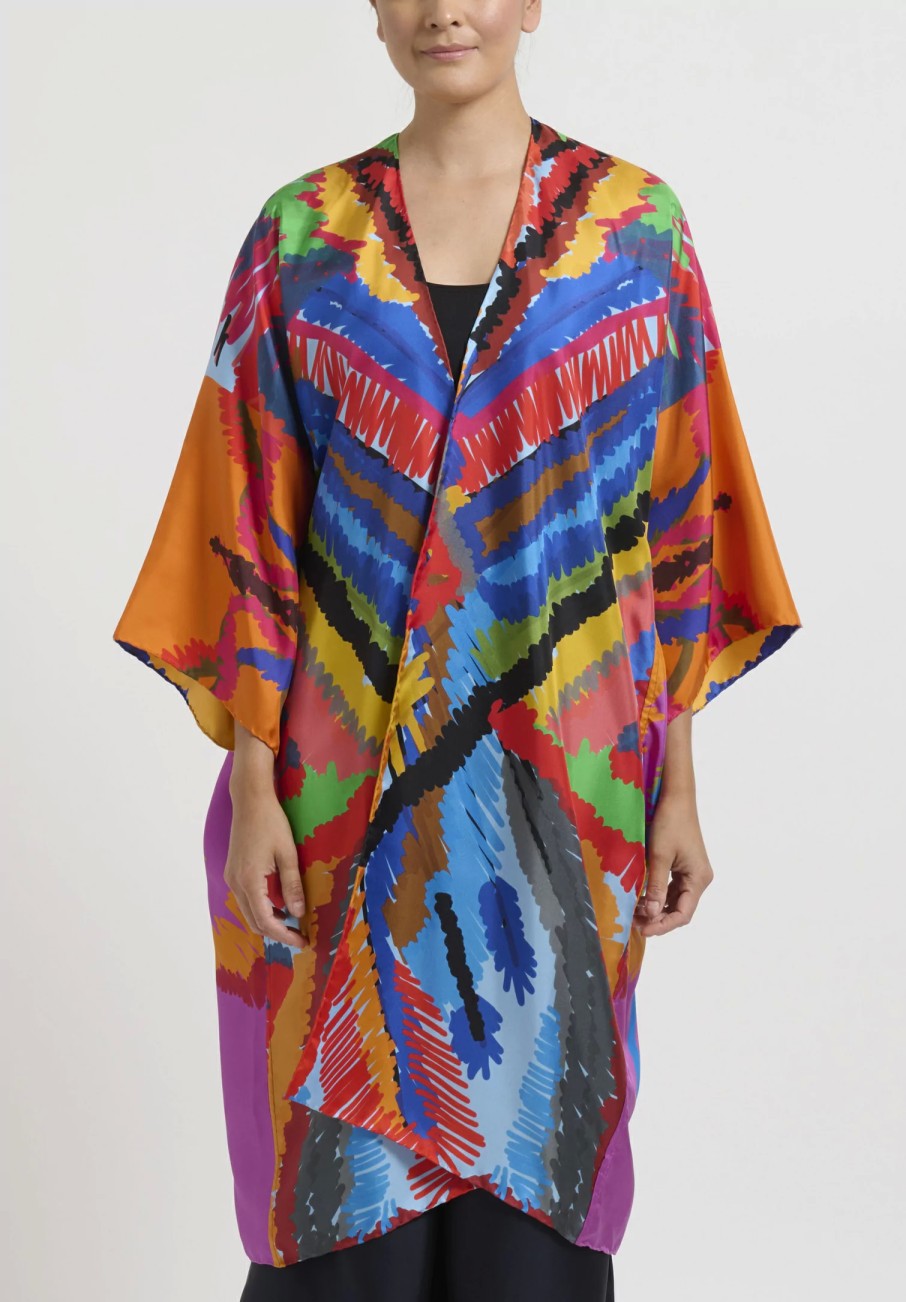 Rianna + Nina Coats & Dusters | Abstract Printed Light Weight Silk Kimono In Orange