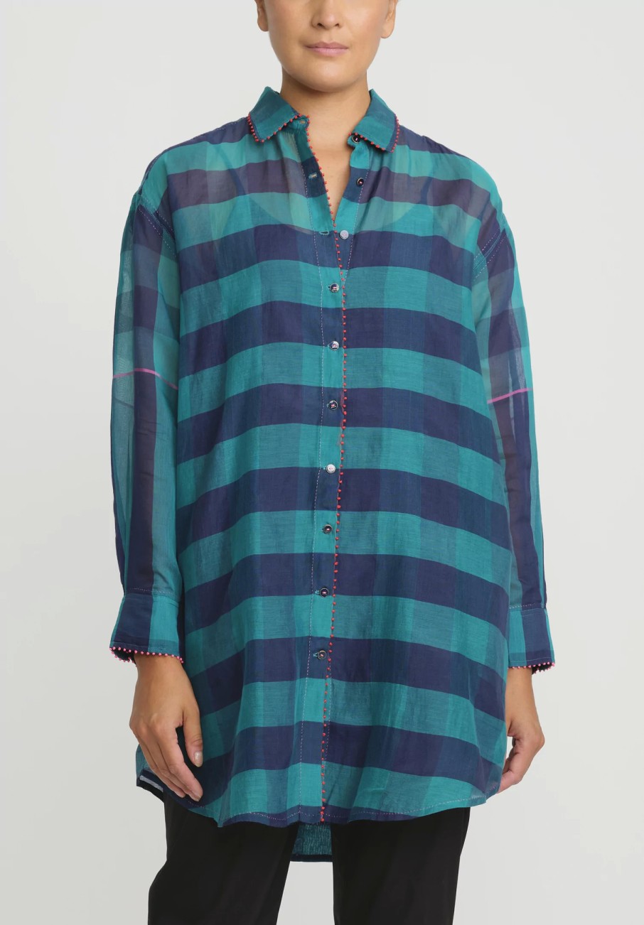 Péro Shirts & Blouses | Wool Gingham Shirt In Green & Blue