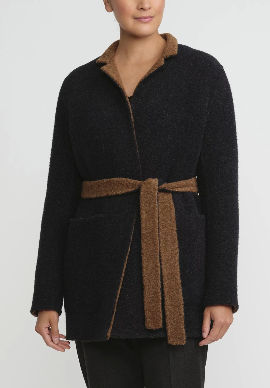 Nanna Pause Coats & Dusters | Belted Aaron Coat In Navy Blue & Alpaca Brown