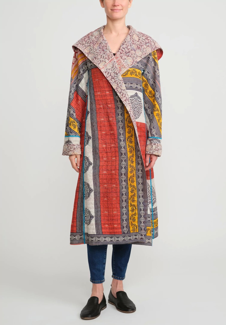 Mieko Mintz Coats & Dusters | 2-Layer Vintage Cotton Hooded A-Line Coat In Red, Cream & Yellow