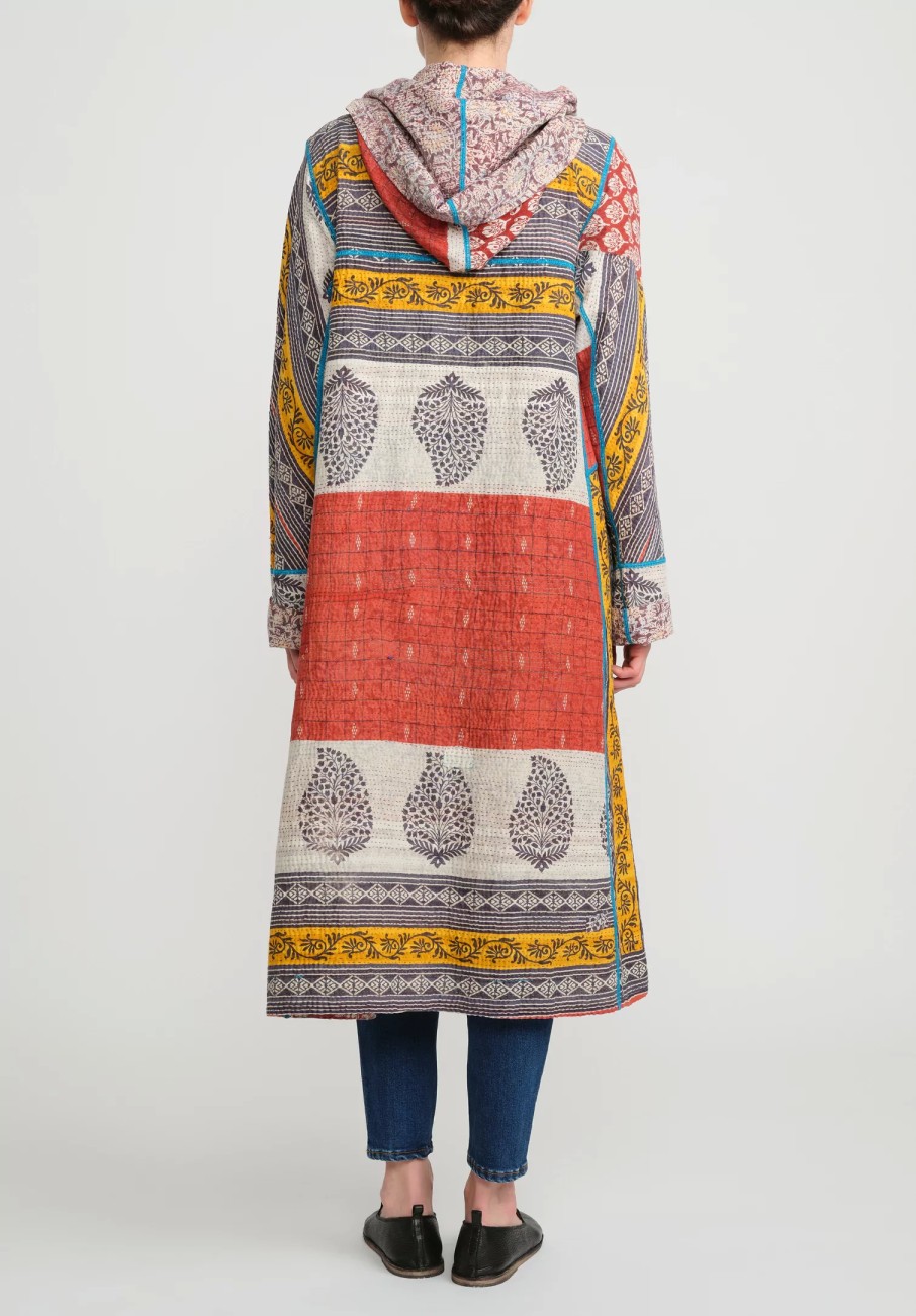 Mieko Mintz Coats & Dusters | 2-Layer Vintage Cotton Hooded A-Line Coat In Red, Cream & Yellow