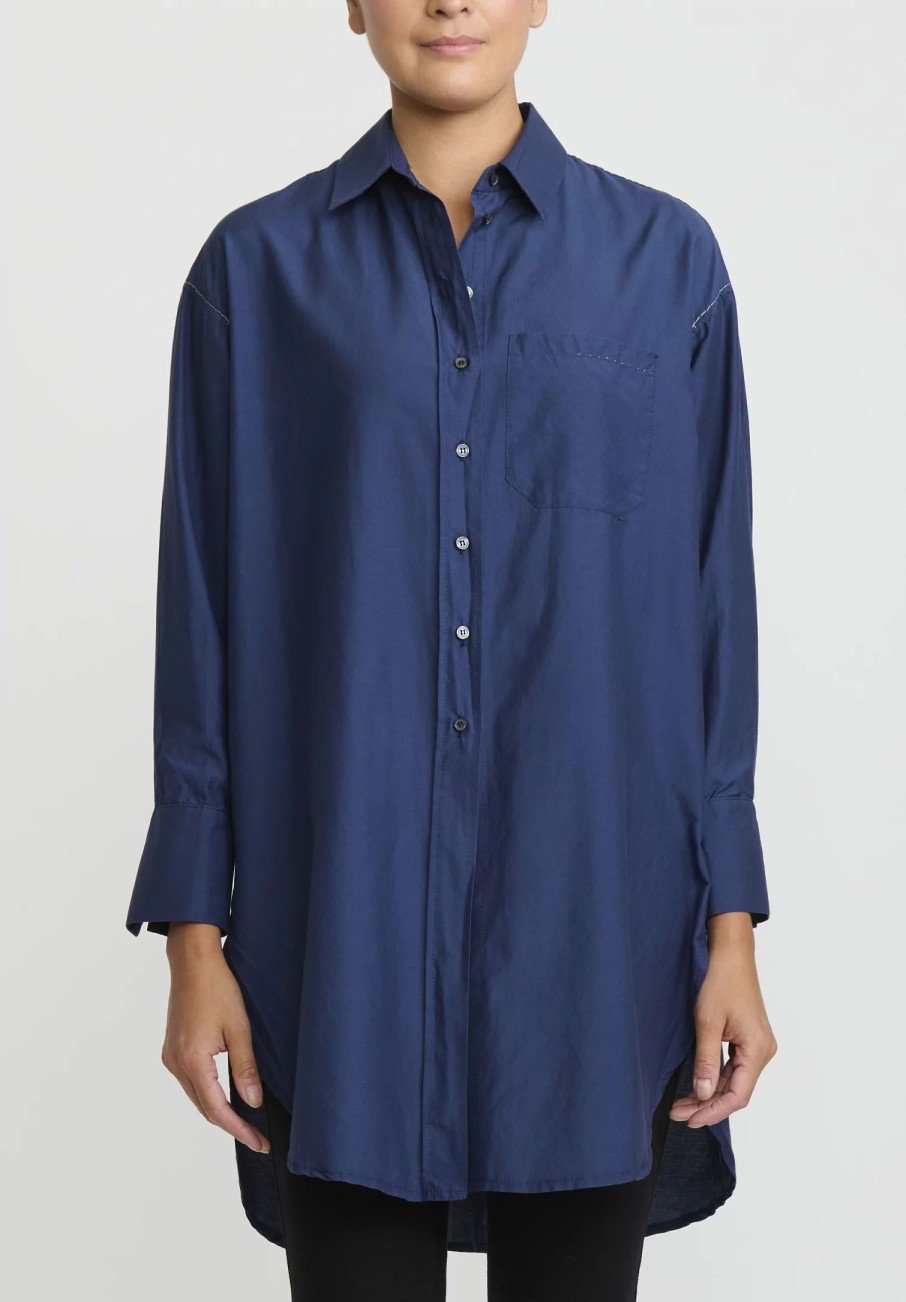 Umit Unal Shirts & Blouses | Cotton Long Asymmetric Side-Slit Shirt In Indigo Blue