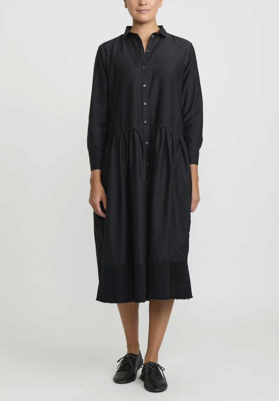 Umit Unal Dresses | Hand Stitched Cotton & Silk Shirt Dress In Black