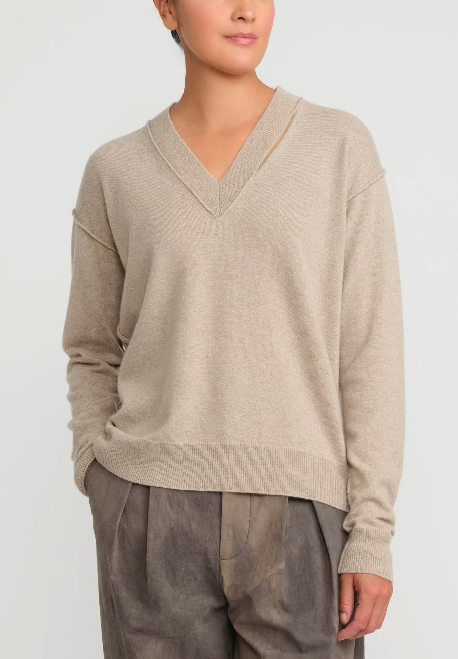 Uma Wang Knitwear | Cashmere Slit V-Neck Sweater In Tan Natural