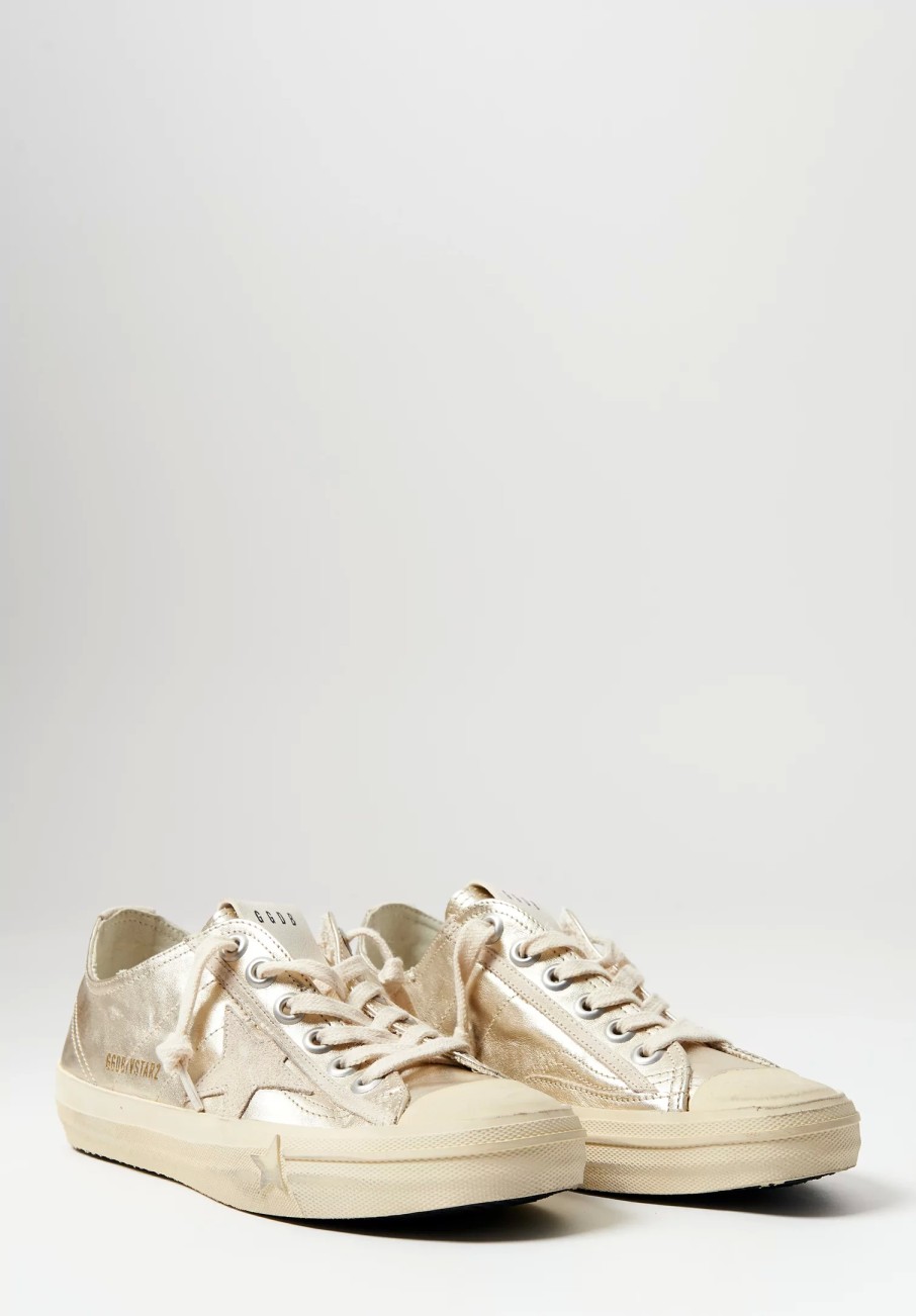 Golden Goose Sneakers | Metallic & Leather V-Star Sneaker In Platinum & Pearl