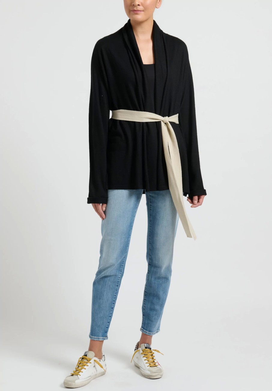 Frenckenberger Knitwear | Belted Cashmere Shawl Cardigan In Black/Chalk White