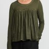 Rundholz Dip Tops | Cotton Gathered Long Sleeve T-Shirt In Olive Cloud Green