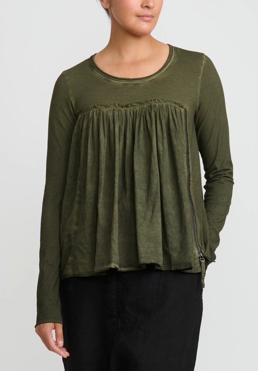 Rundholz Dip Tops | Cotton Gathered Long Sleeve T-Shirt In Olive Cloud Green