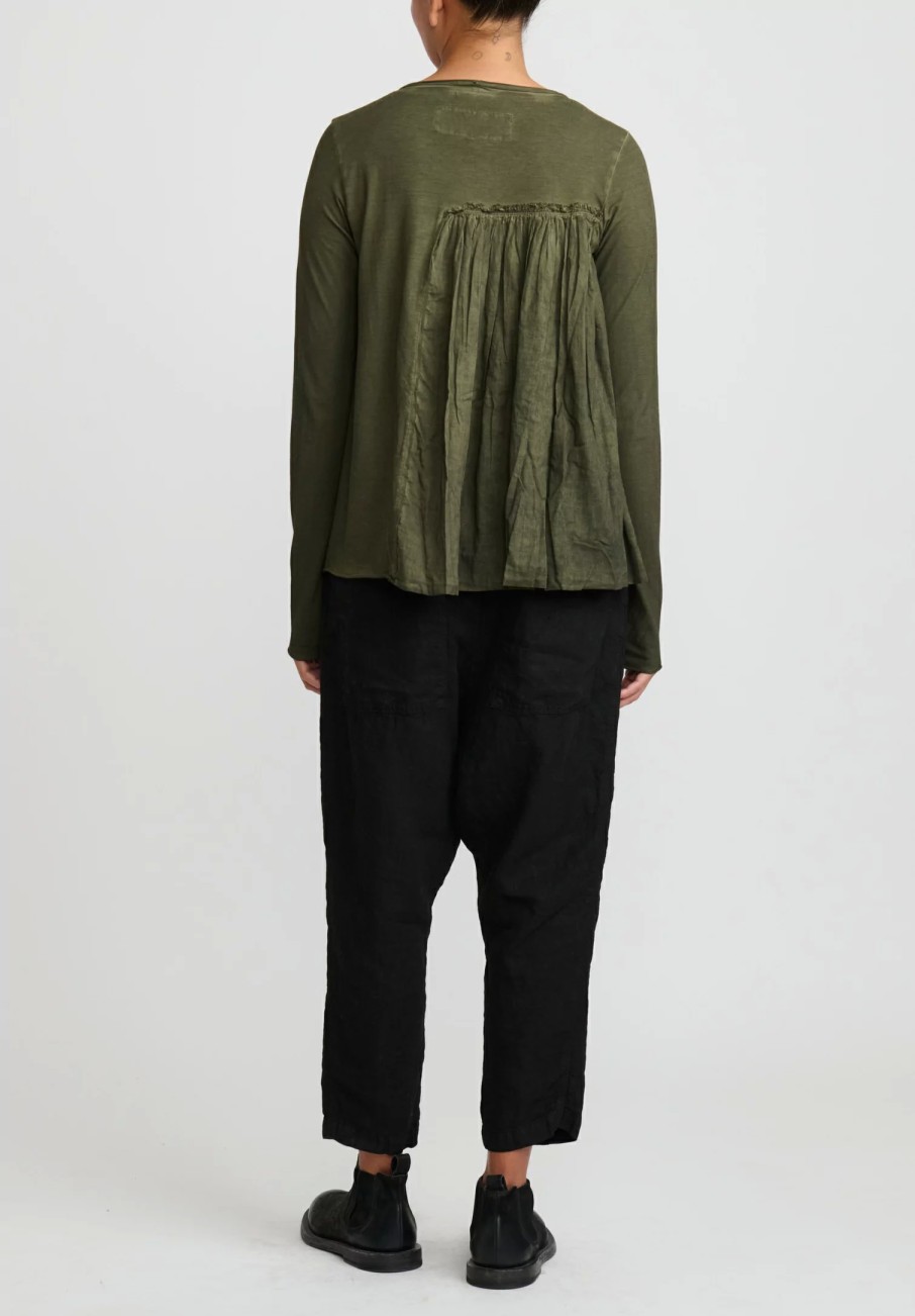 Rundholz Dip Tops | Cotton Gathered Long Sleeve T-Shirt In Olive Cloud Green