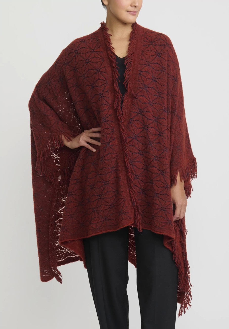 Lainey Keogh Ponchos | Cashmere Hand Knit Fringed Poncho In Harissa Red & Navy