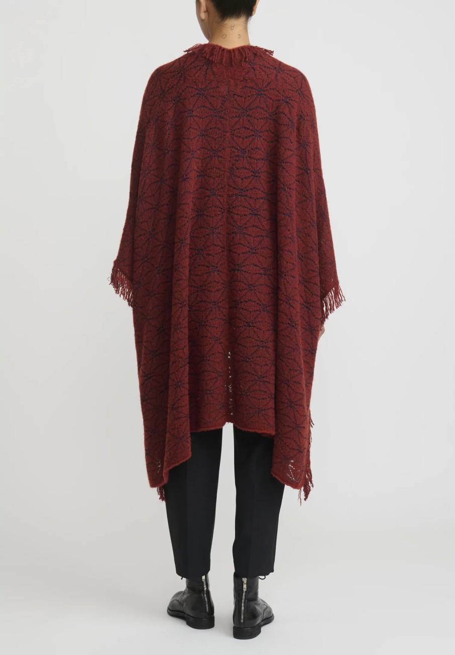 Lainey Keogh Ponchos | Cashmere Hand Knit Fringed Poncho In Harissa Red & Navy