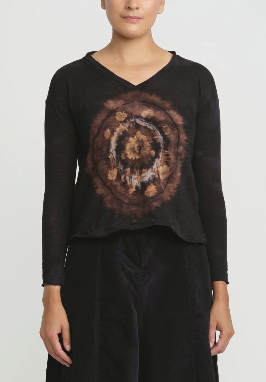 Gilda Midani Tops | Pattern Dyed V-Neck Long Sleeve Trapeze Top In Fire Ring Black