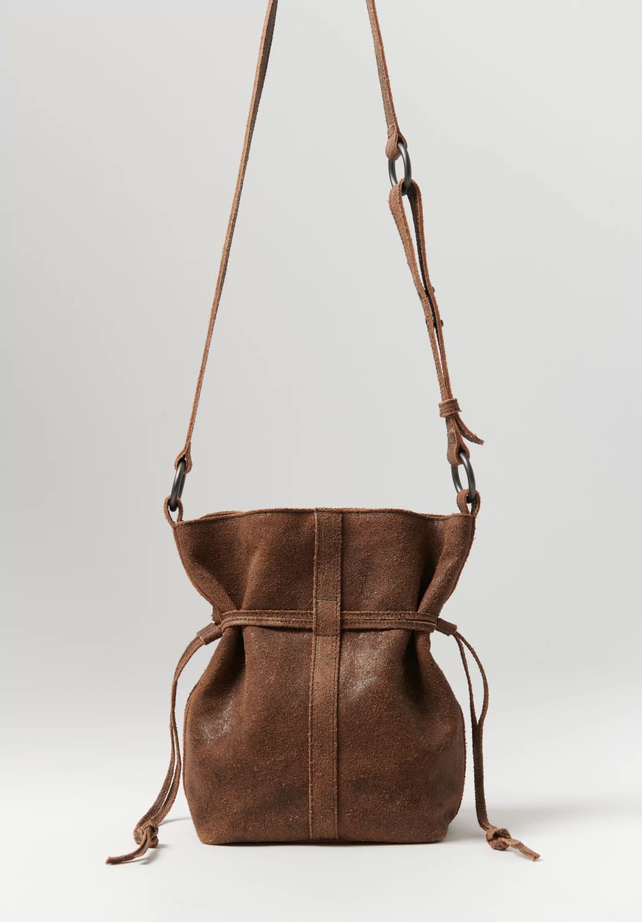 Corîu Handbags | Laminato Leather Small Bucket Crossbody Bag In Raw Black & Brown