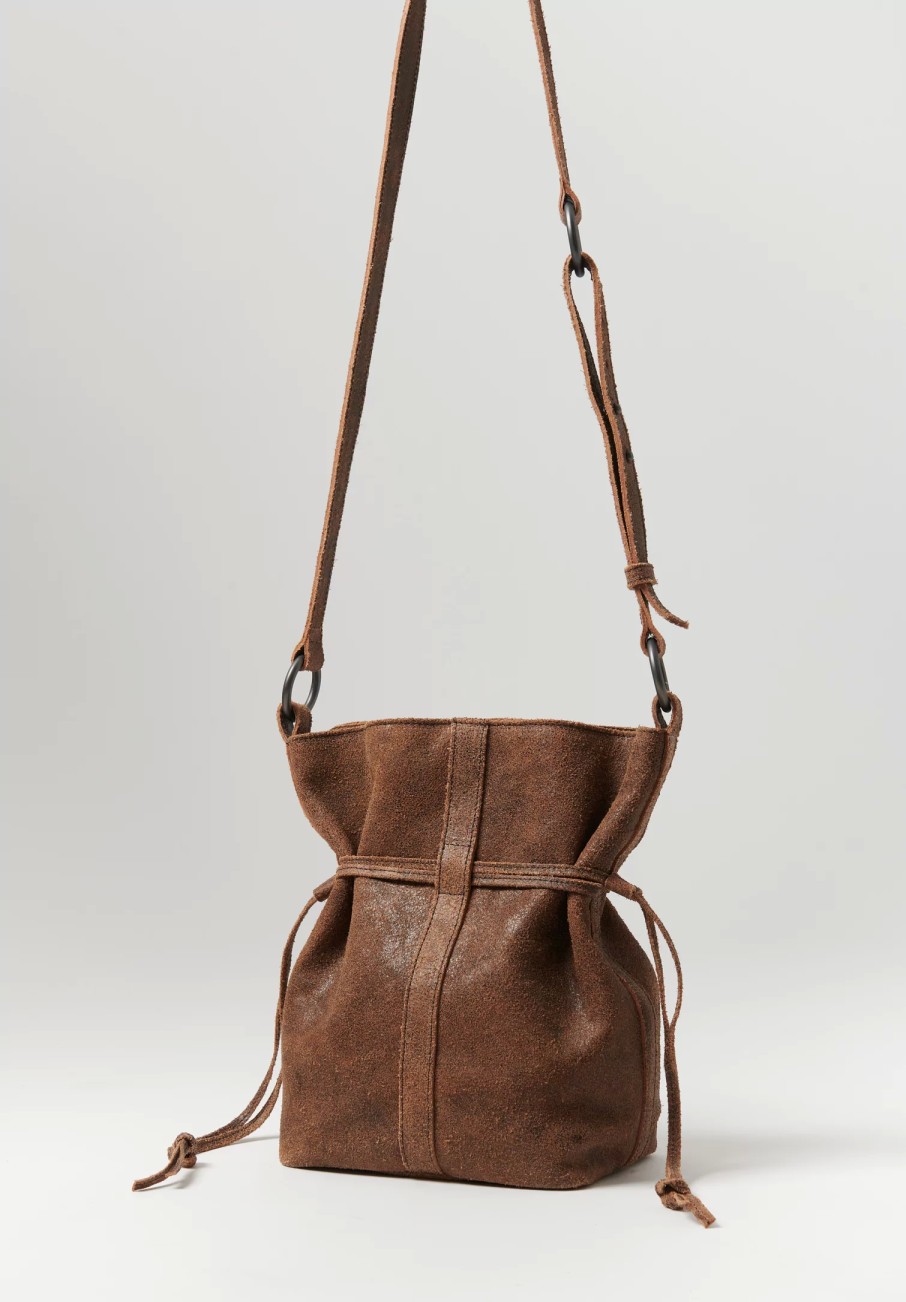 Corîu Handbags | Laminato Leather Small Bucket Crossbody Bag In Raw Black & Brown