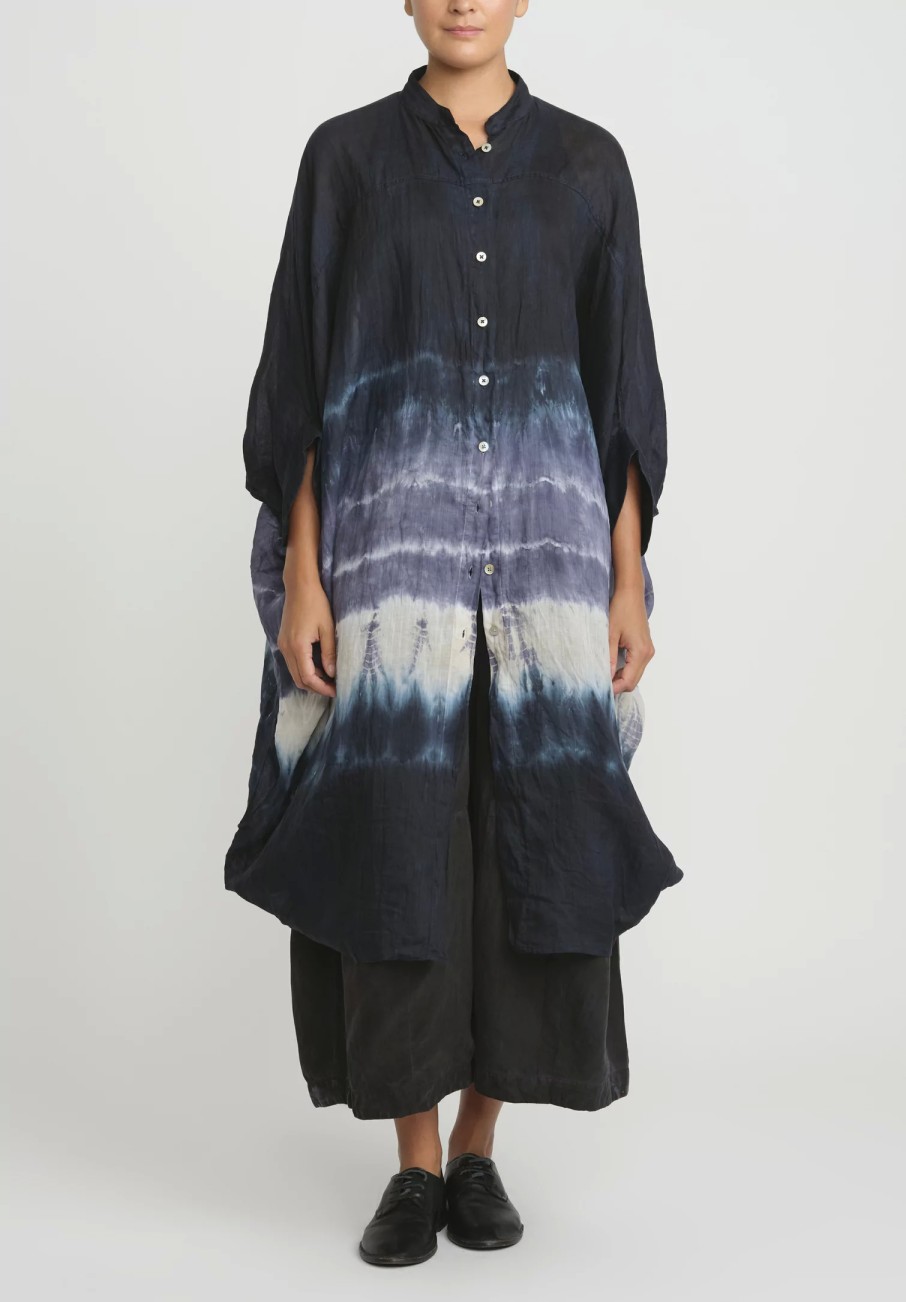 Gilda Midani Tunics | Pattern Dyed Linen Square Tunic In Blue Indigo Row