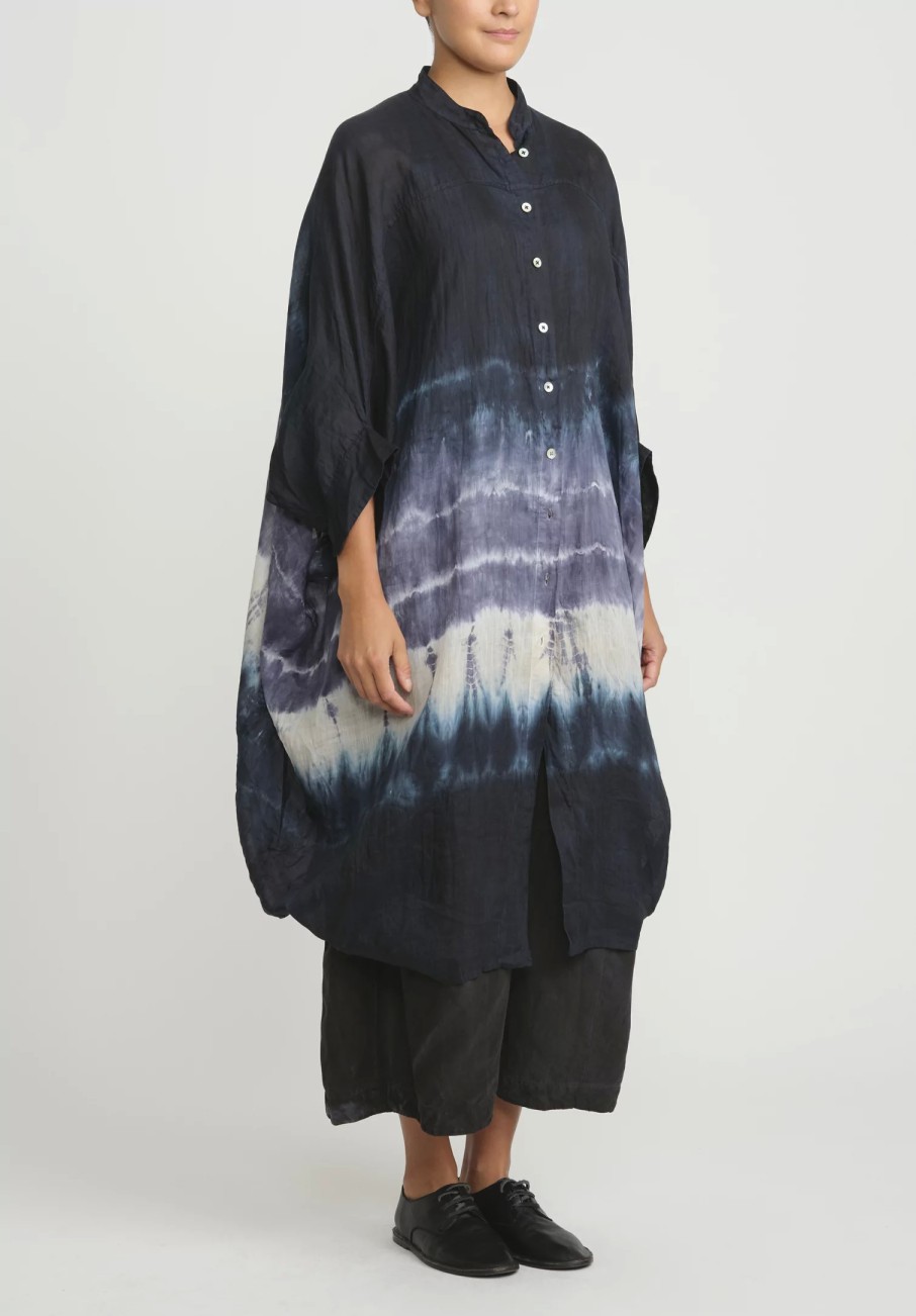 Gilda Midani Tunics | Pattern Dyed Linen Square Tunic In Blue Indigo Row