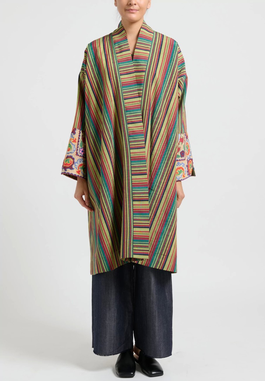 Rianna + Nina One Of A Kind | One-Of-A-Kind Silk Embroidered Cuff Coat In Green/Red Stripes