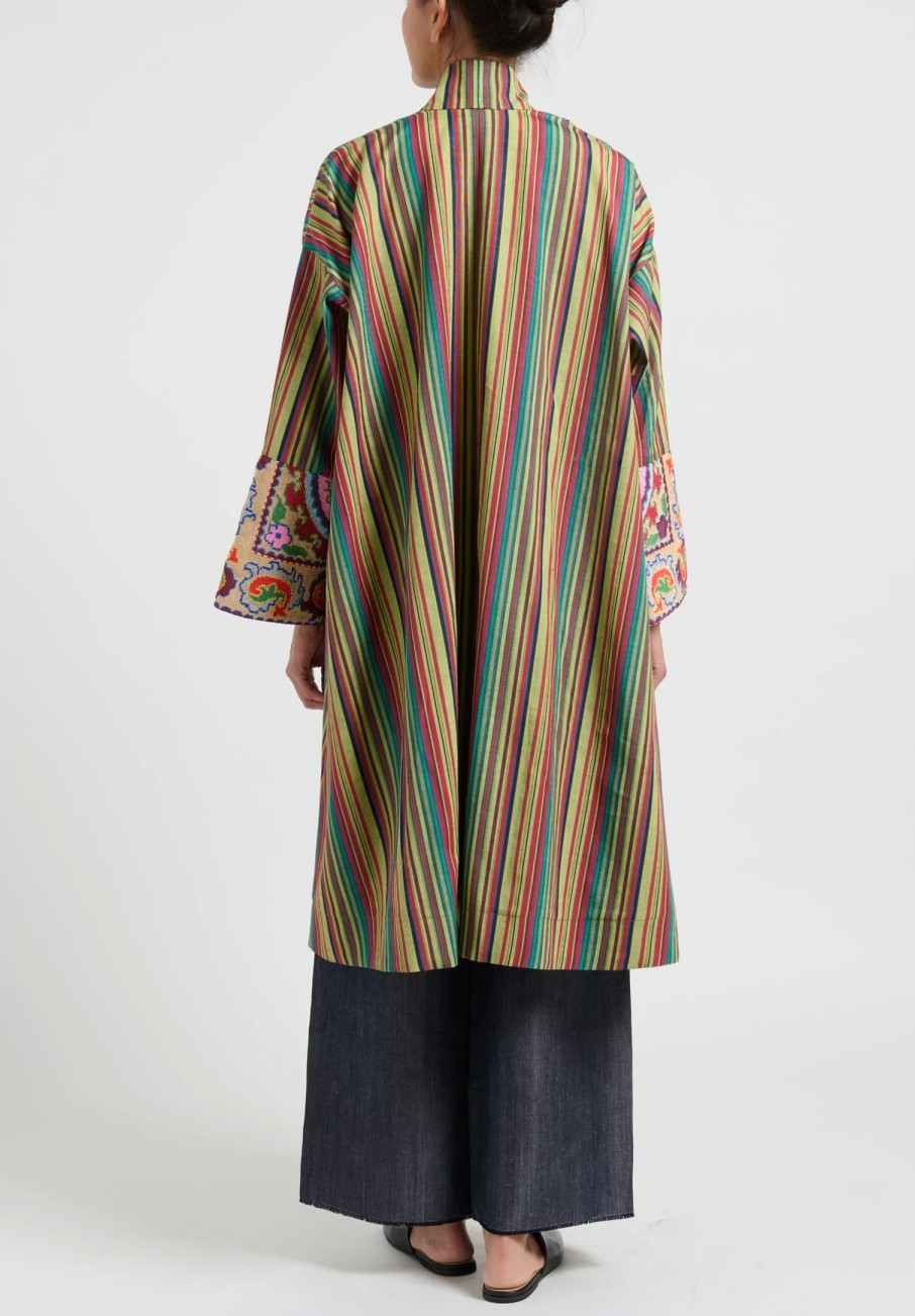 Rianna + Nina One Of A Kind | One-Of-A-Kind Silk Embroidered Cuff Coat In Green/Red Stripes