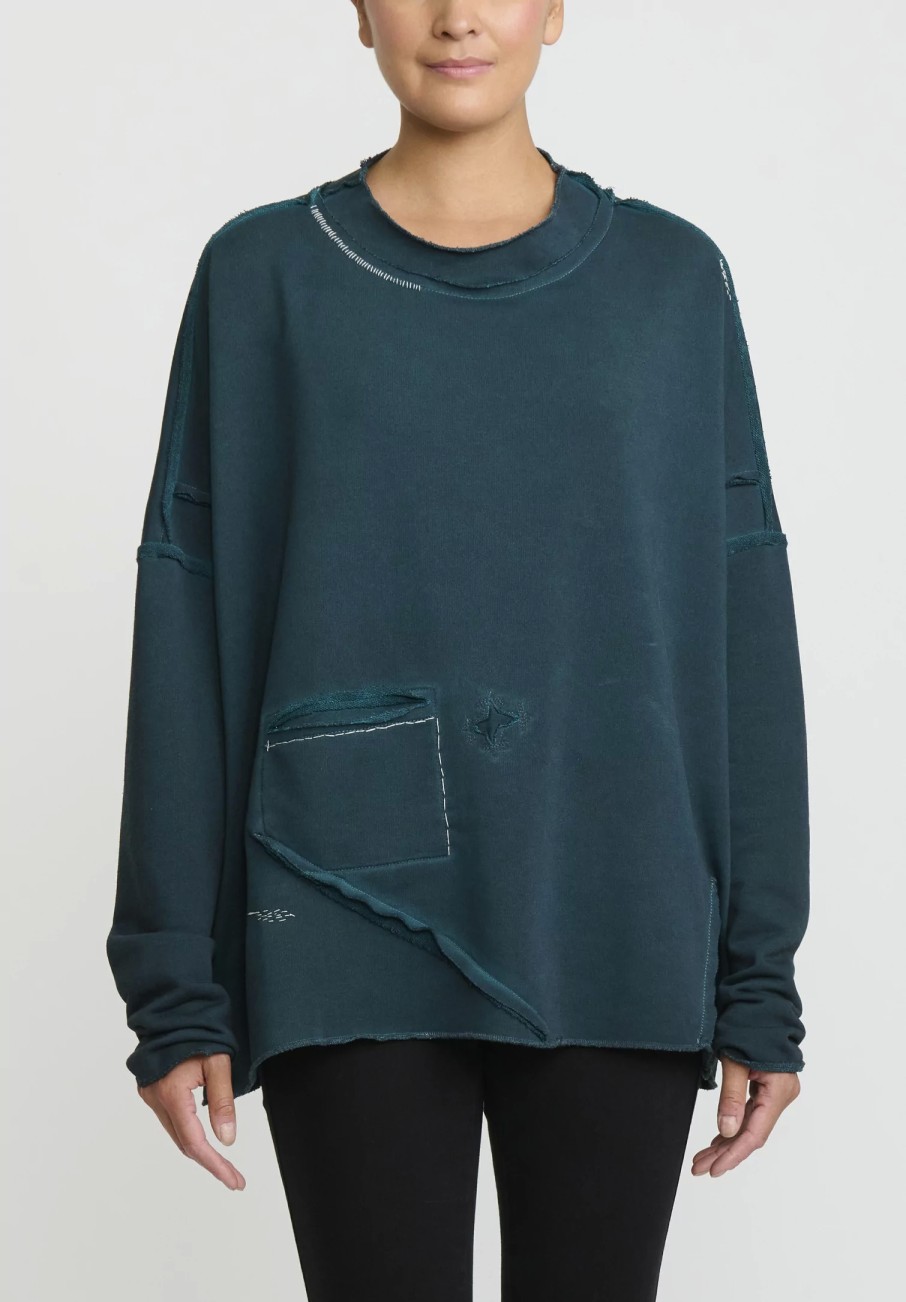 Umit Unal Tops | Cotton Distressed Sweatshirt In Pine Green