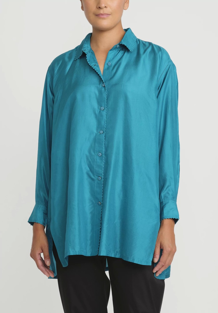 Péro Shirts & Blouses | Silk Button Down Shirt In Turquoise