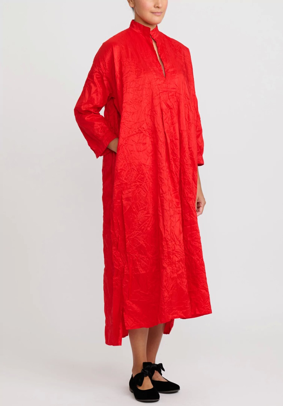 Daniela Gregis Dresses | Washed Silk Long Kora Shirt Dress In Rosso Red