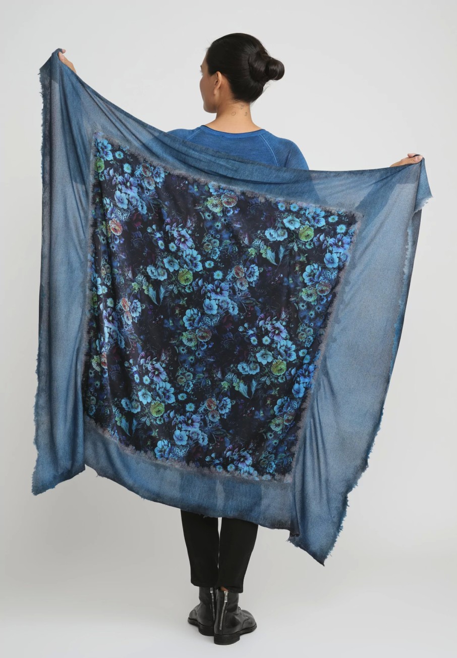 Avant Toi Scarves & Shawls | Cashmere & Silk Quadrello Dark Flowers Scarf In Nero Turquoise