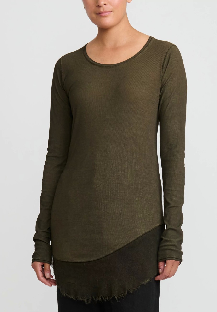 Rundholz Dip Tops | Cotton & Mesh Long Sleeve T-Shirt In Khaki Cloud Green