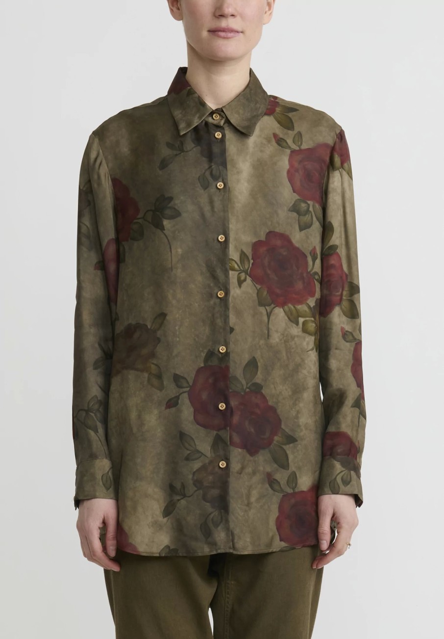 Uma Wang Shirts & Blouses | Rose Print ''Tyesha'' Shirt In Army Green And Red