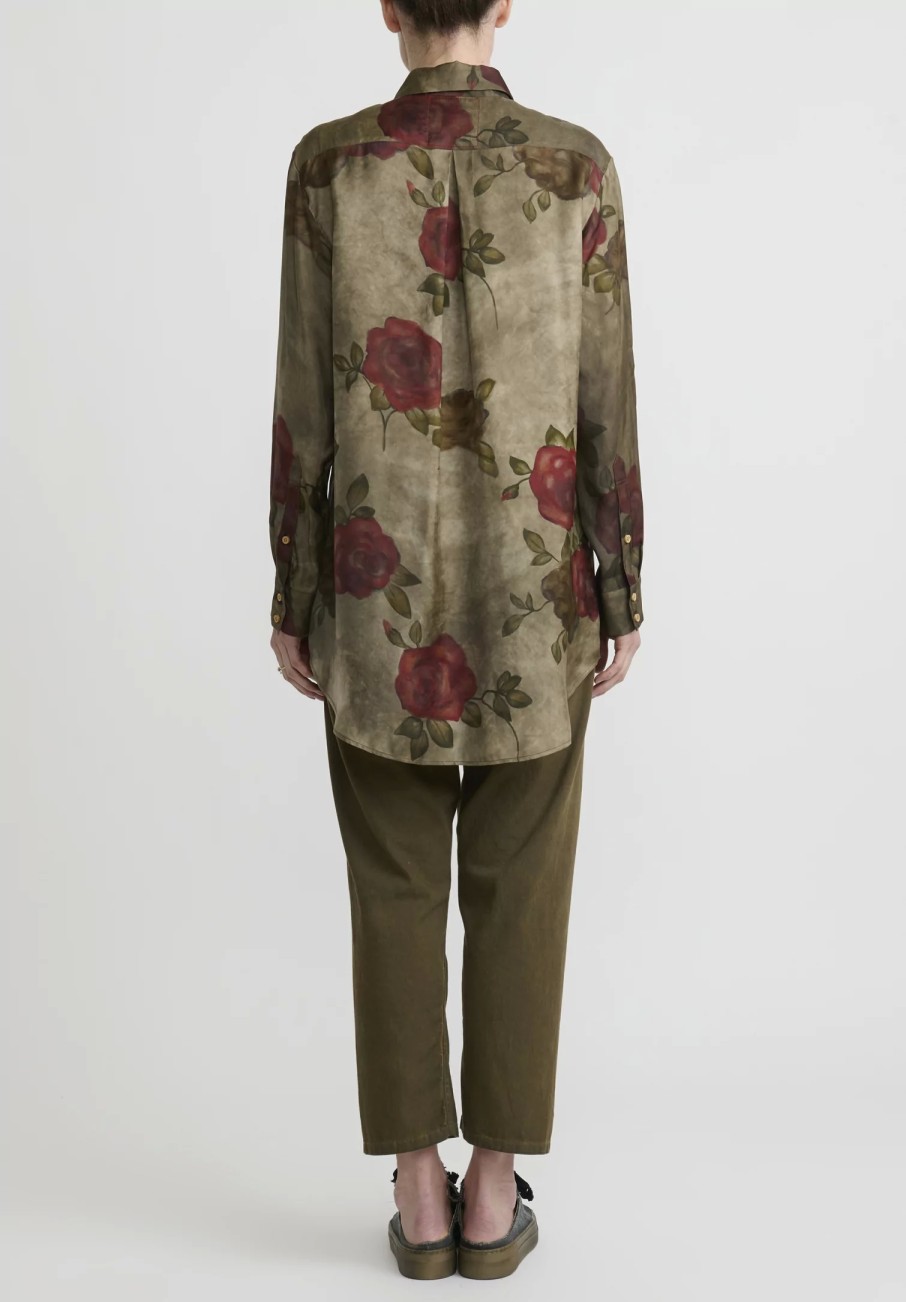 Uma Wang Shirts & Blouses | Rose Print ''Tyesha'' Shirt In Army Green And Red