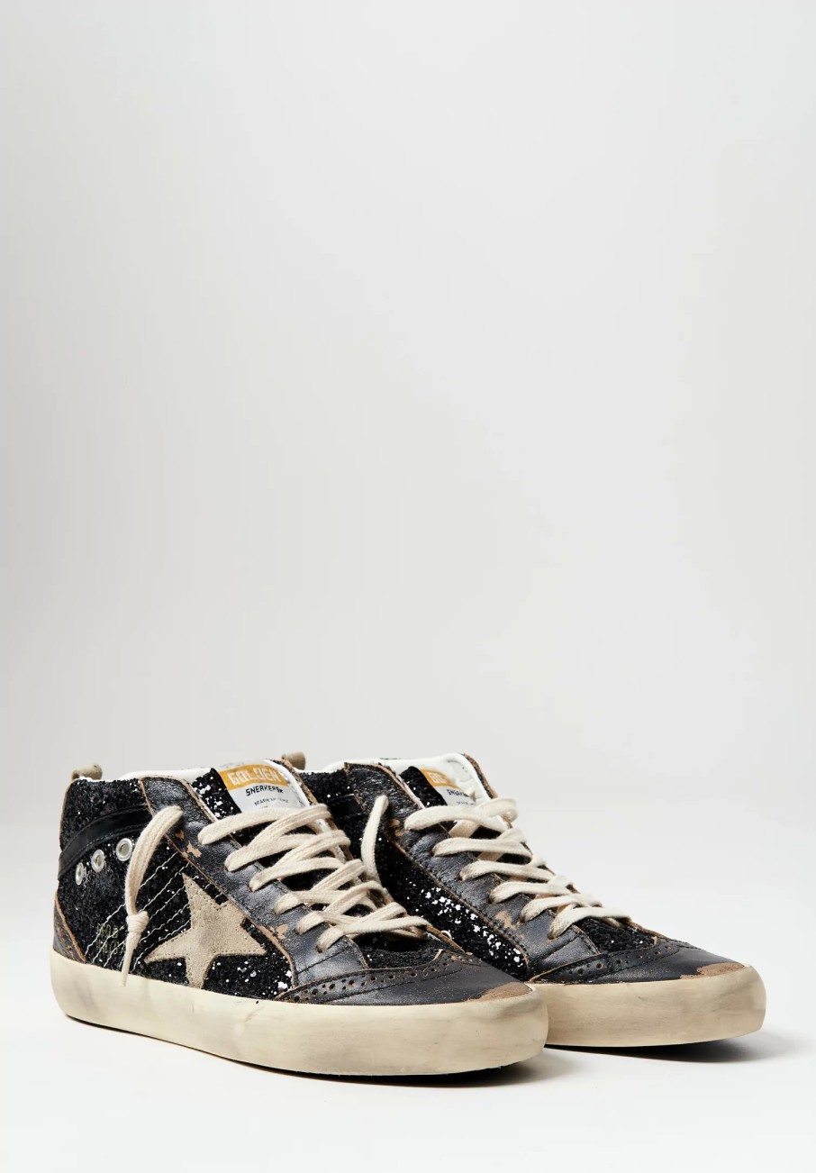 Golden Goose Sneakers | Mid Star Classic Glitter & Suede Star In Black