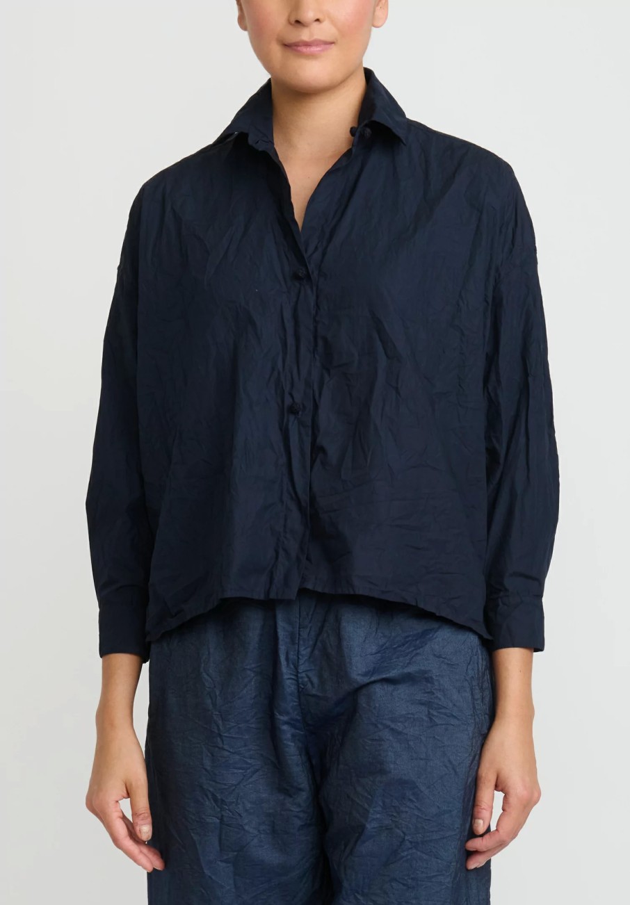 Daniela Gregis Shirts & Blouses | Washed Cotton Uomo Corta Rossella Shirt In Navy Blue