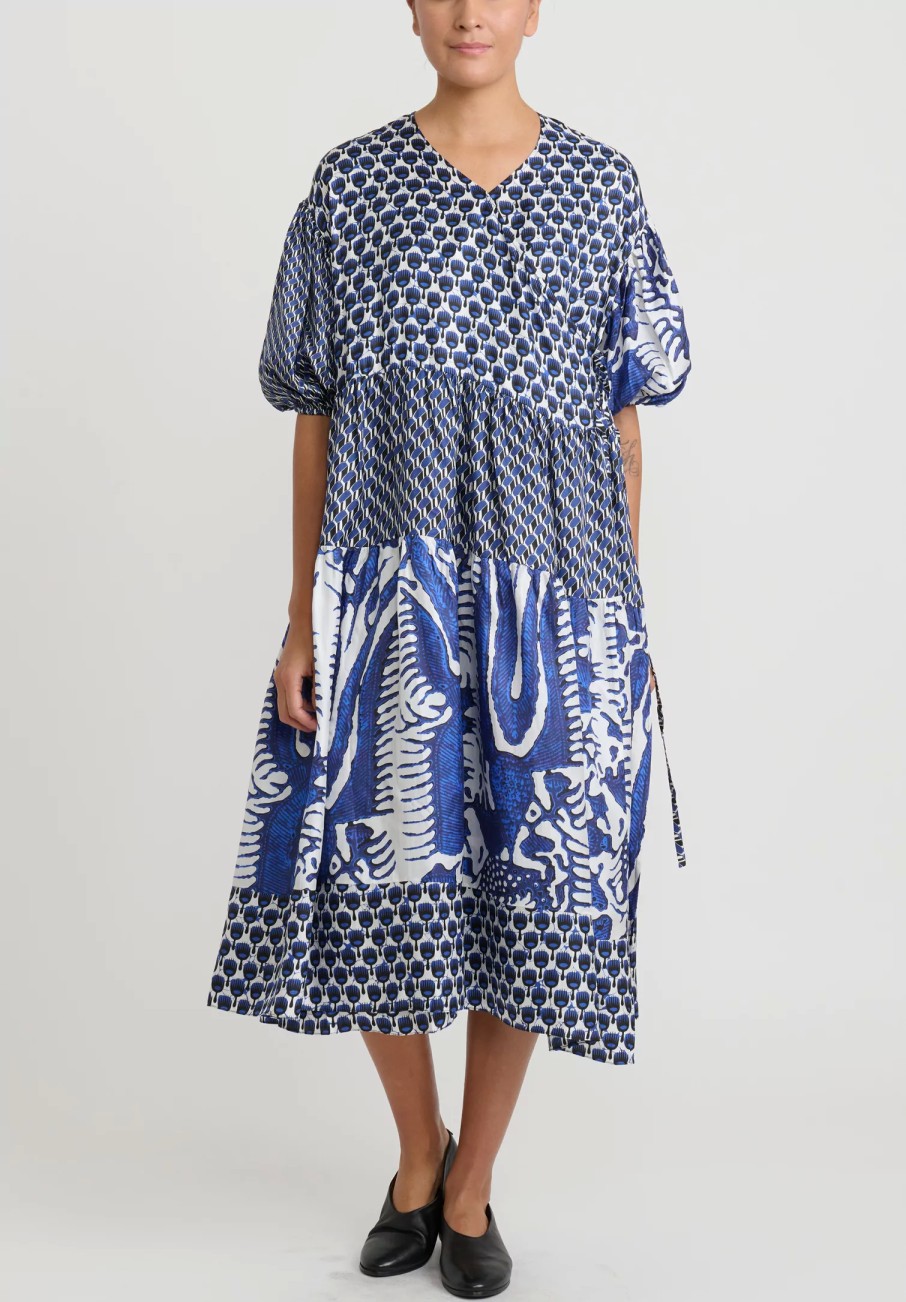 Biyan Dresses | Multi Print Silk Tiered ''Langit'' Wrap Dress In Blue And White