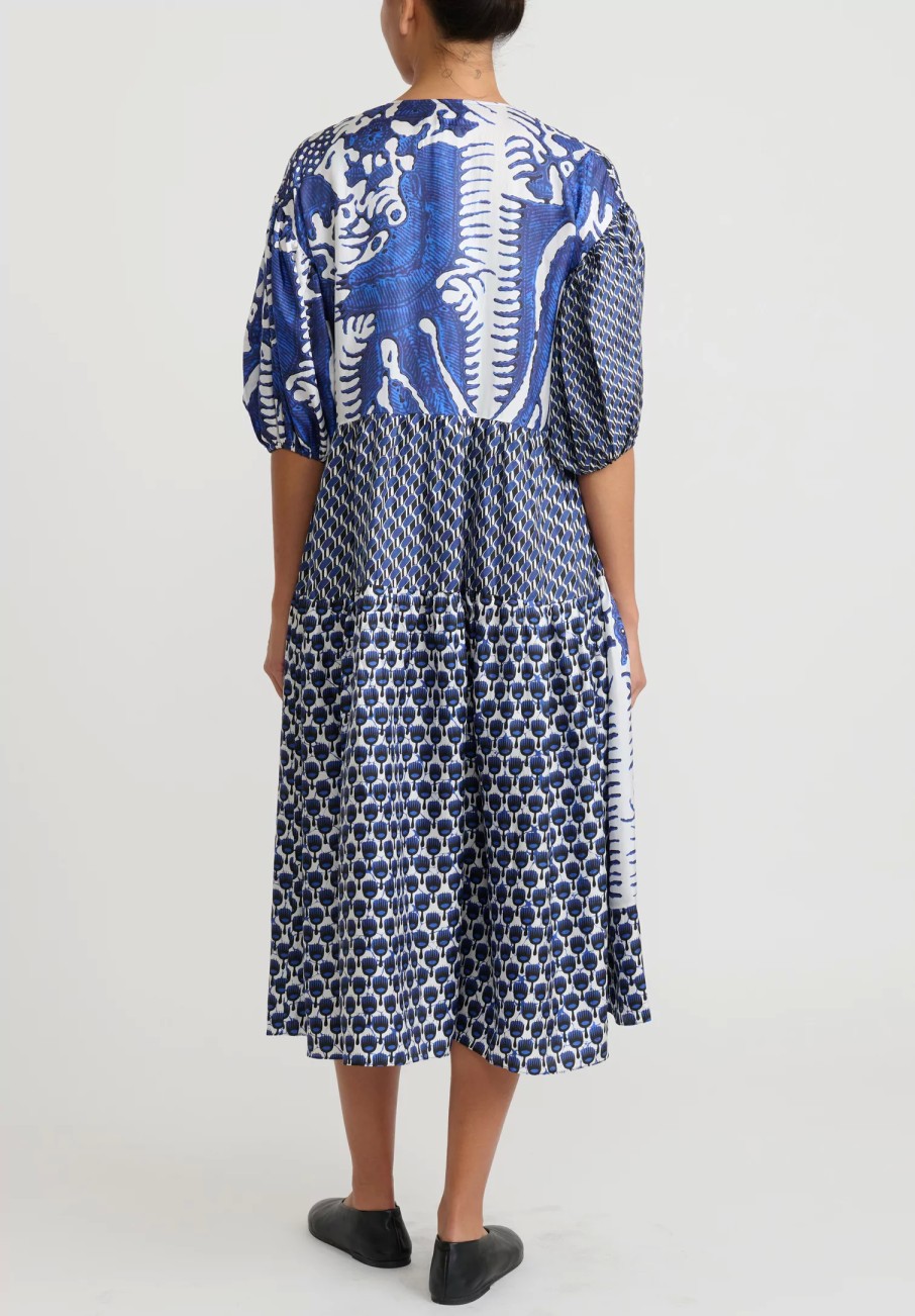 Biyan Dresses | Multi Print Silk Tiered ''Langit'' Wrap Dress In Blue And White