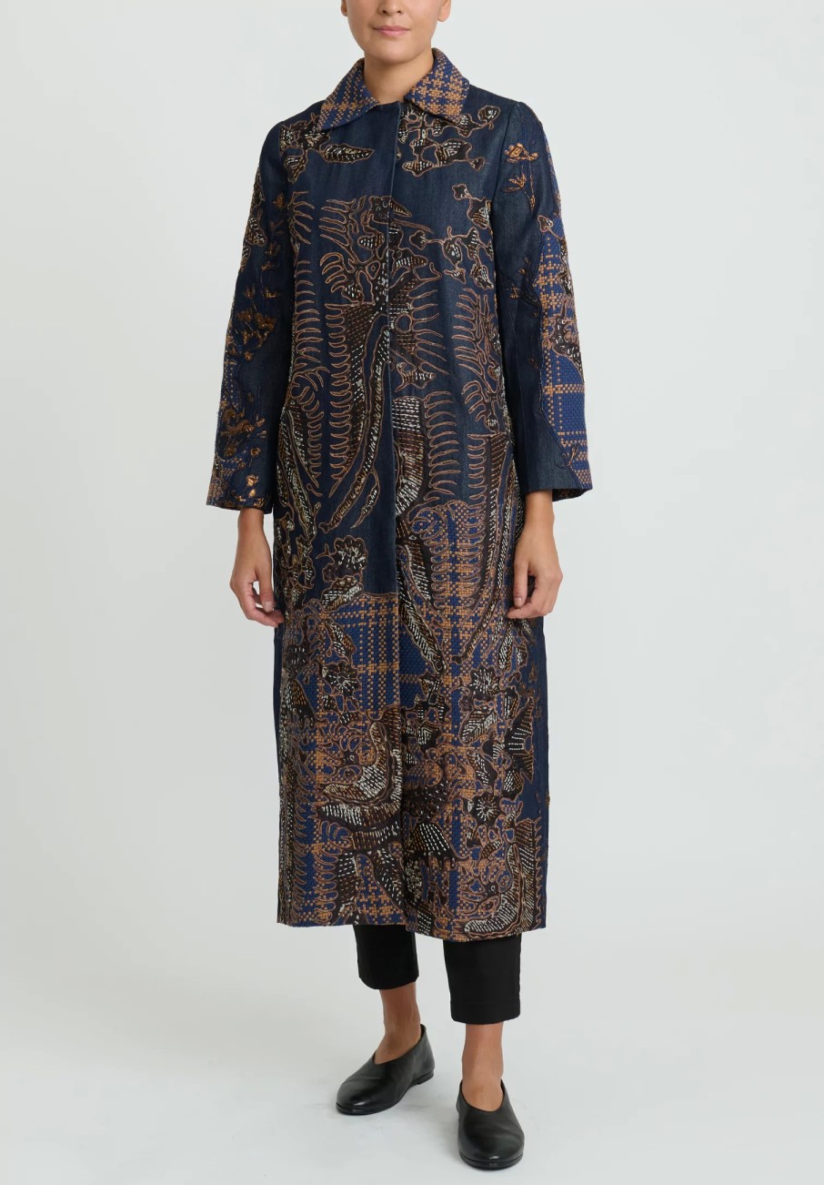 Biyan Decorative Coats | Applique Denim And Tweed Jacquard Coat In Navy Blue & Brown