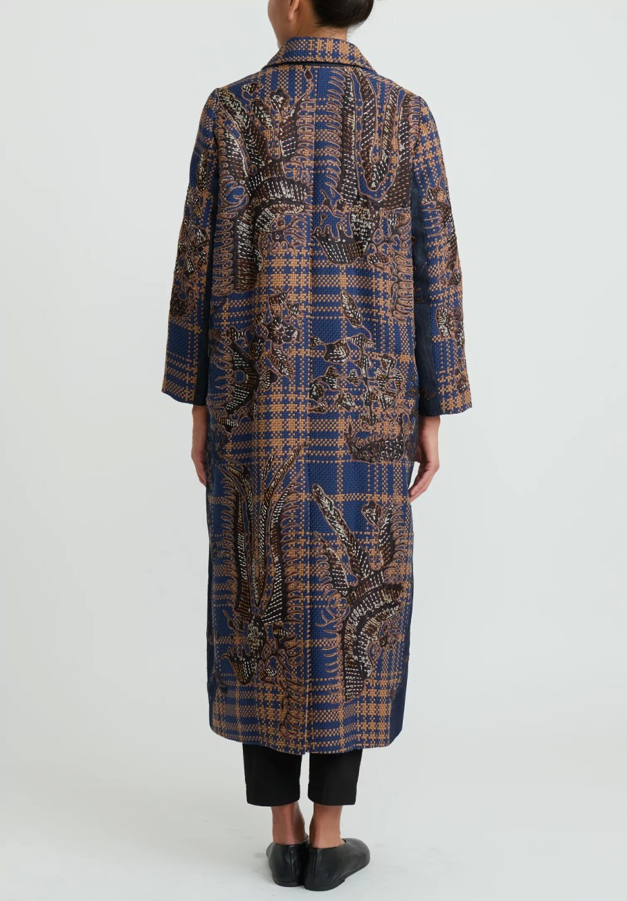 Biyan Decorative Coats | Applique Denim And Tweed Jacquard Coat In Navy Blue & Brown