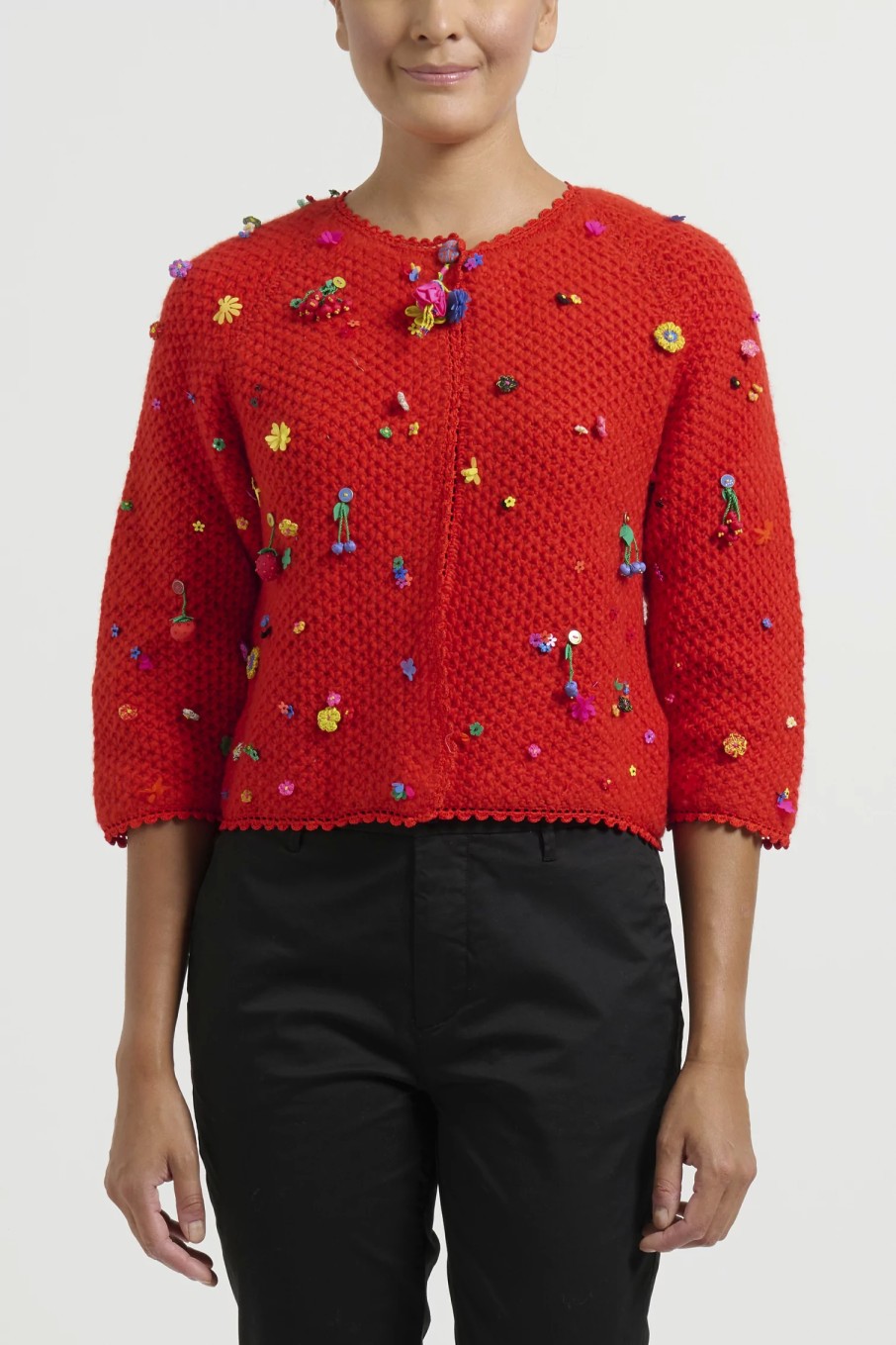 Péro Knitwear | Flower And Fruit Embellished Hand Knit Wool Cardigan In Red Orange