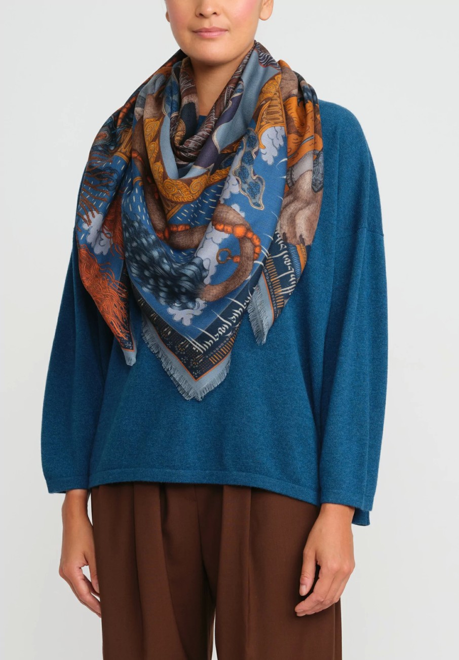 Sabina Savage Scarves & Shawls | Wool And Silk The Snow Lion Scarf In Ice Blue & Fire Orange