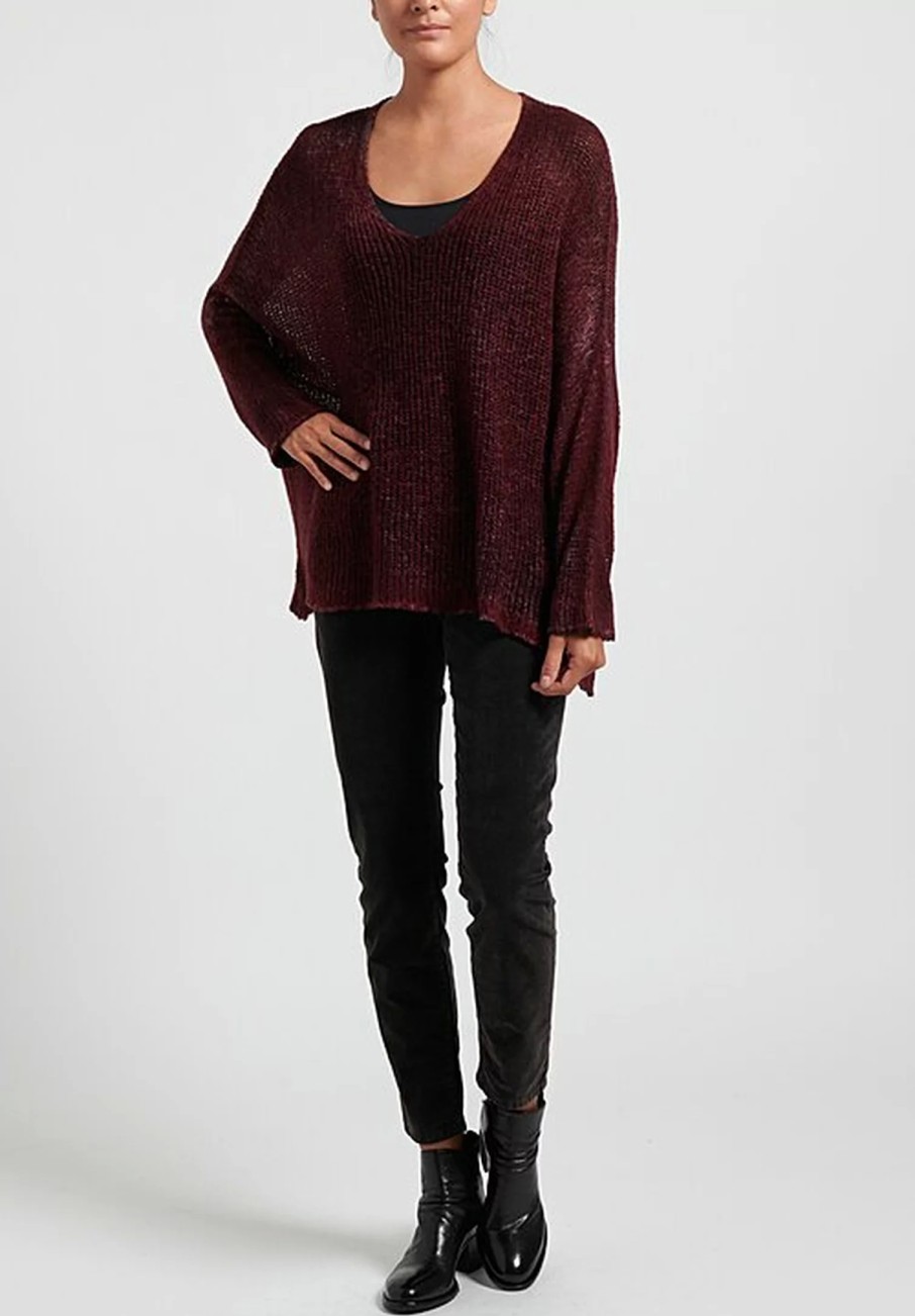 Avant Toi Knitwear | Hand-Painted Loose Knit V-Neck Sweater In Nero Wine Red