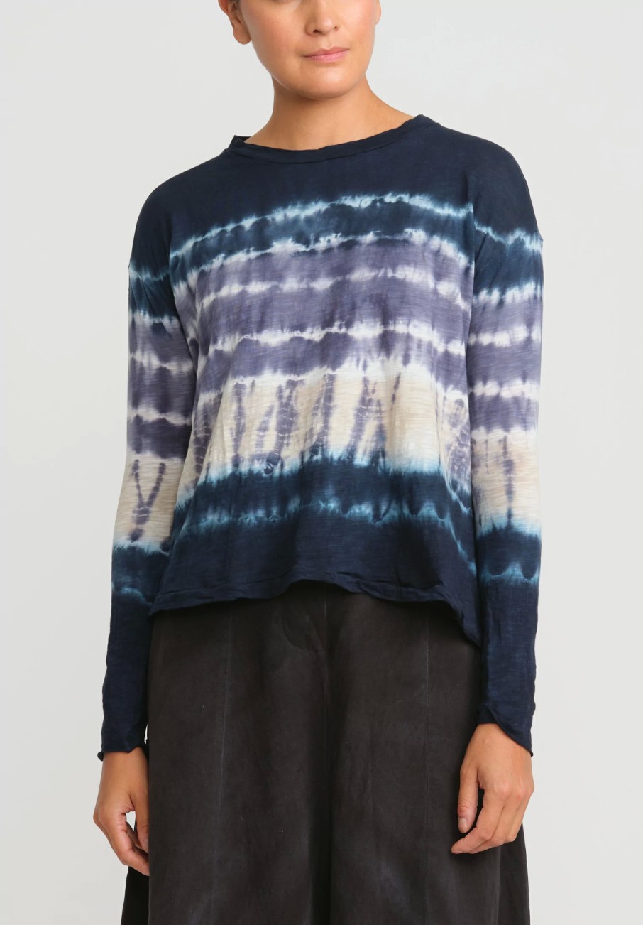 Gilda Midani Tops | Pattern Dyed Long Sleeve Trapeze Tee In Blue Indigo Row