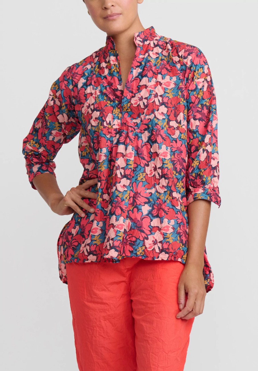 Daniela Gregis Shirts & Blouses | Washed Cotton Pepe Kora Shirt In Turquoise Blue & Pink Flowers