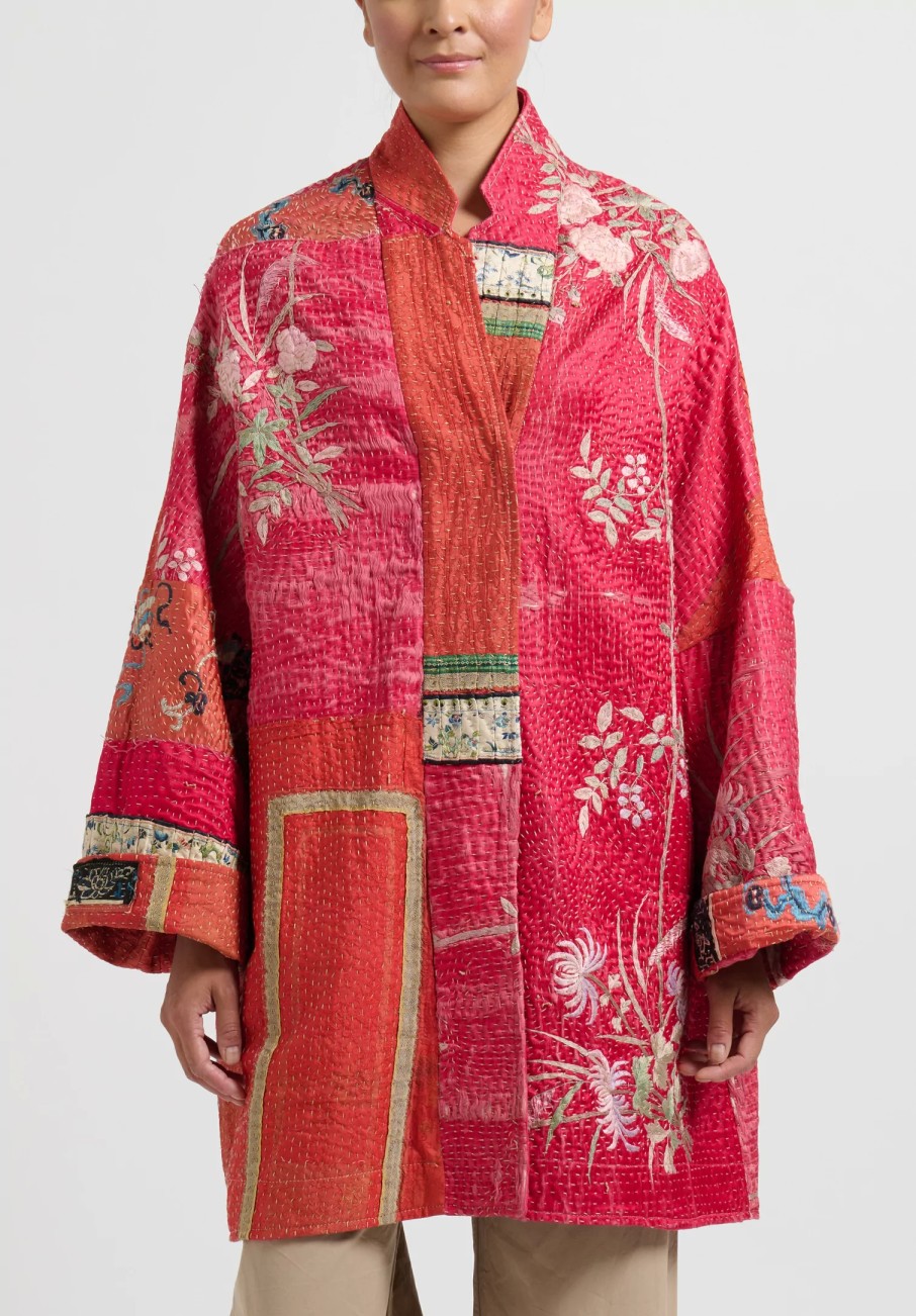 By Walid One Of A Kind | Antique Embroidered Silk Basma Coat In Red Raspberry & Peacock