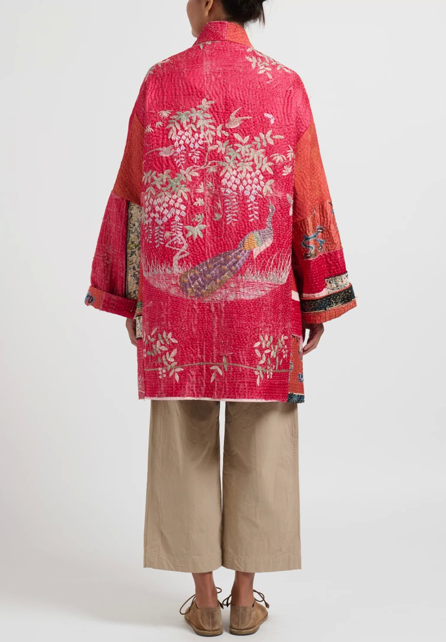 By Walid One Of A Kind | Antique Embroidered Silk Basma Coat In Red Raspberry & Peacock