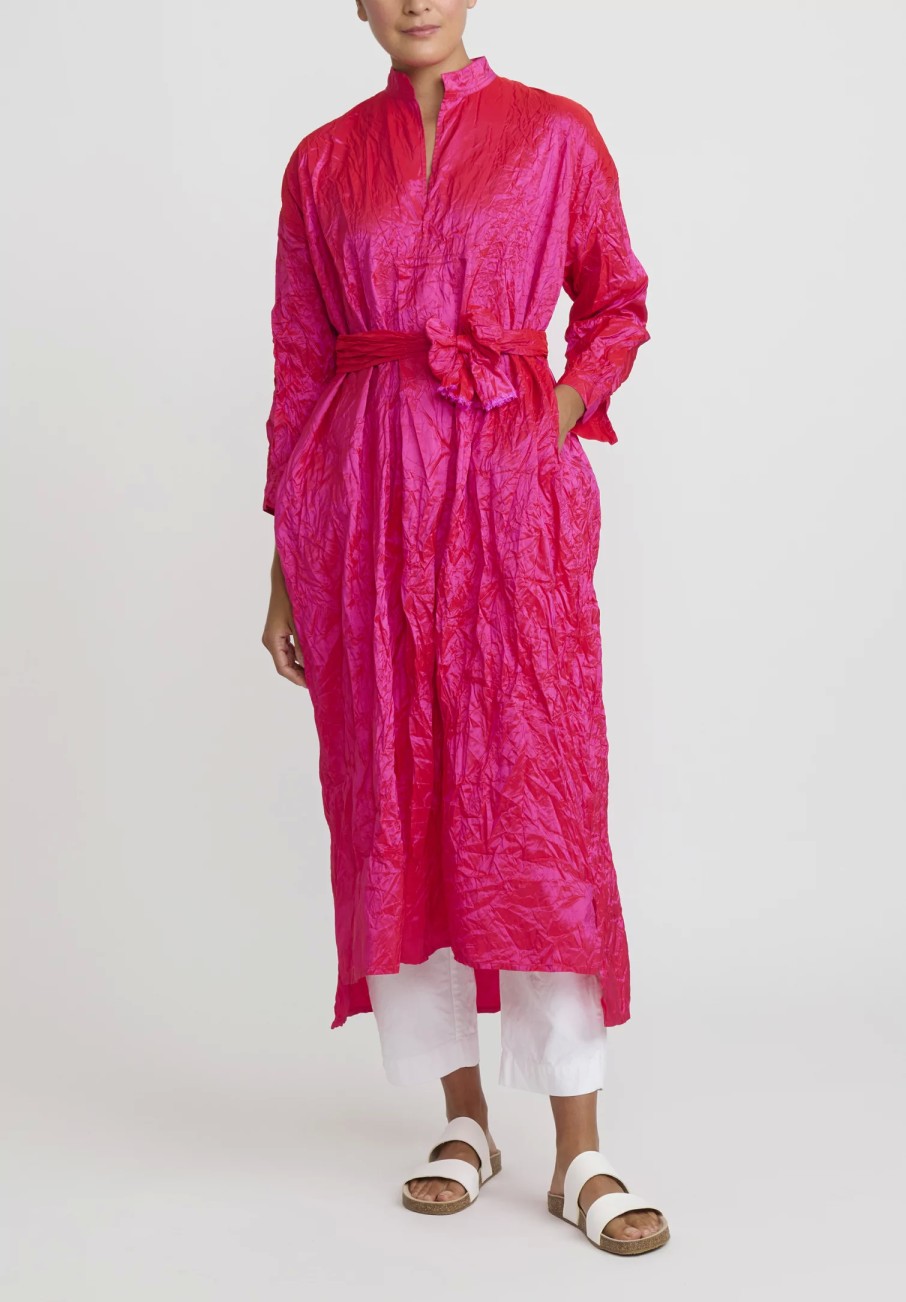 Daniela Gregis Dresses | Washed Silk Long Kora Shirt Dress In Fucsia Pink