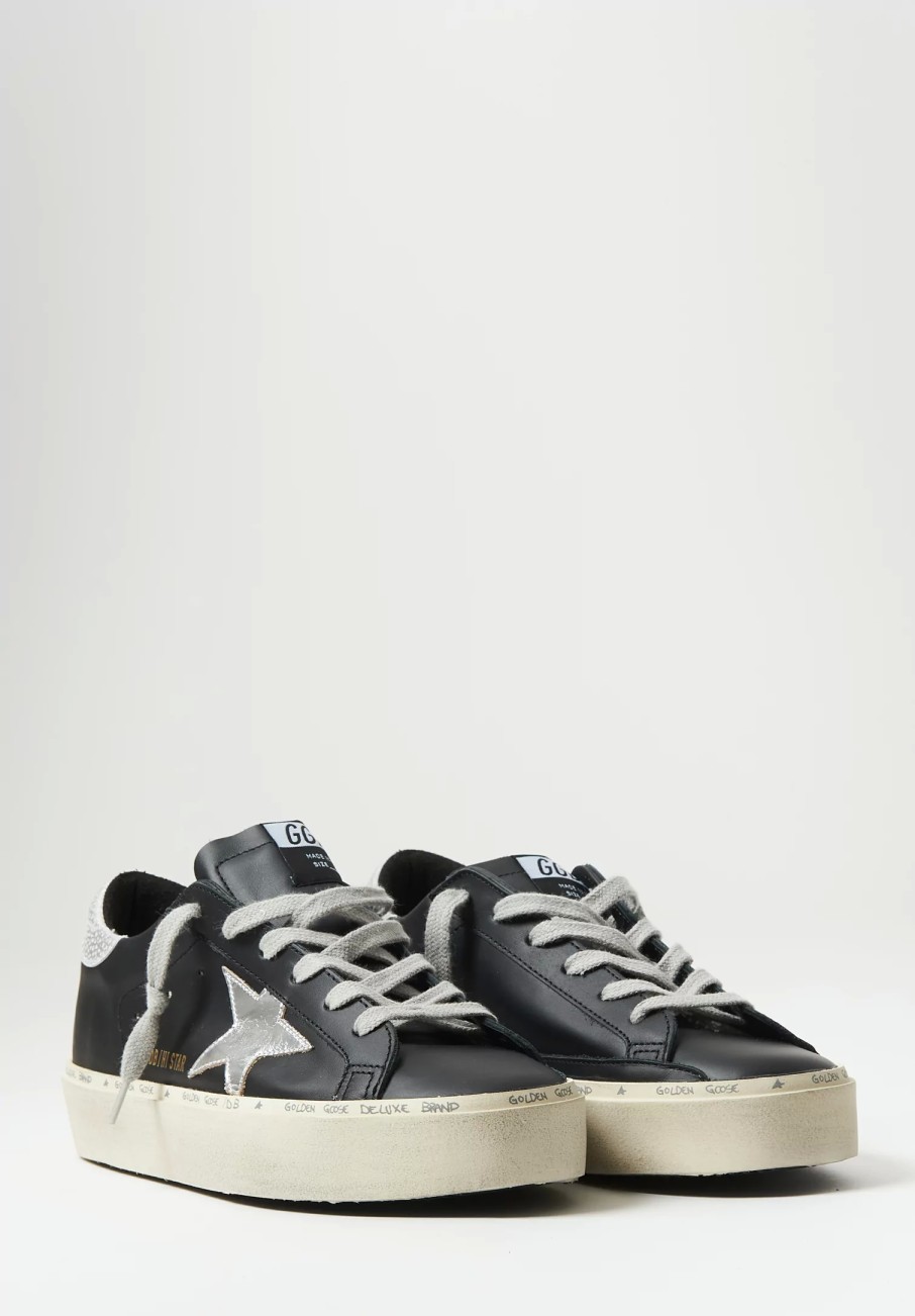 Golden Goose Sneakers | Leather Hi Star Sneaker With Silver Star In Black