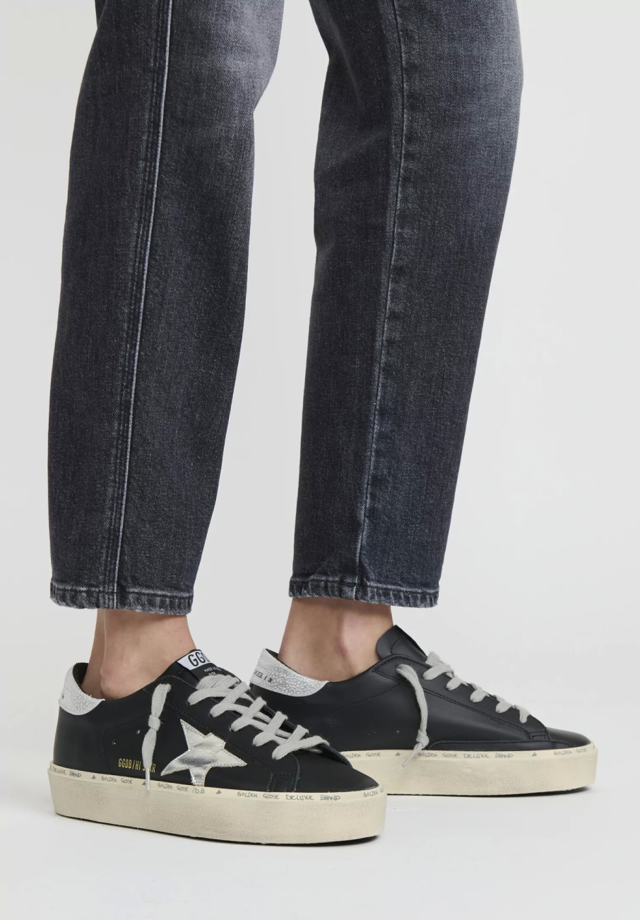 Golden Goose Sneakers | Leather Hi Star Sneaker With Silver Star In Black